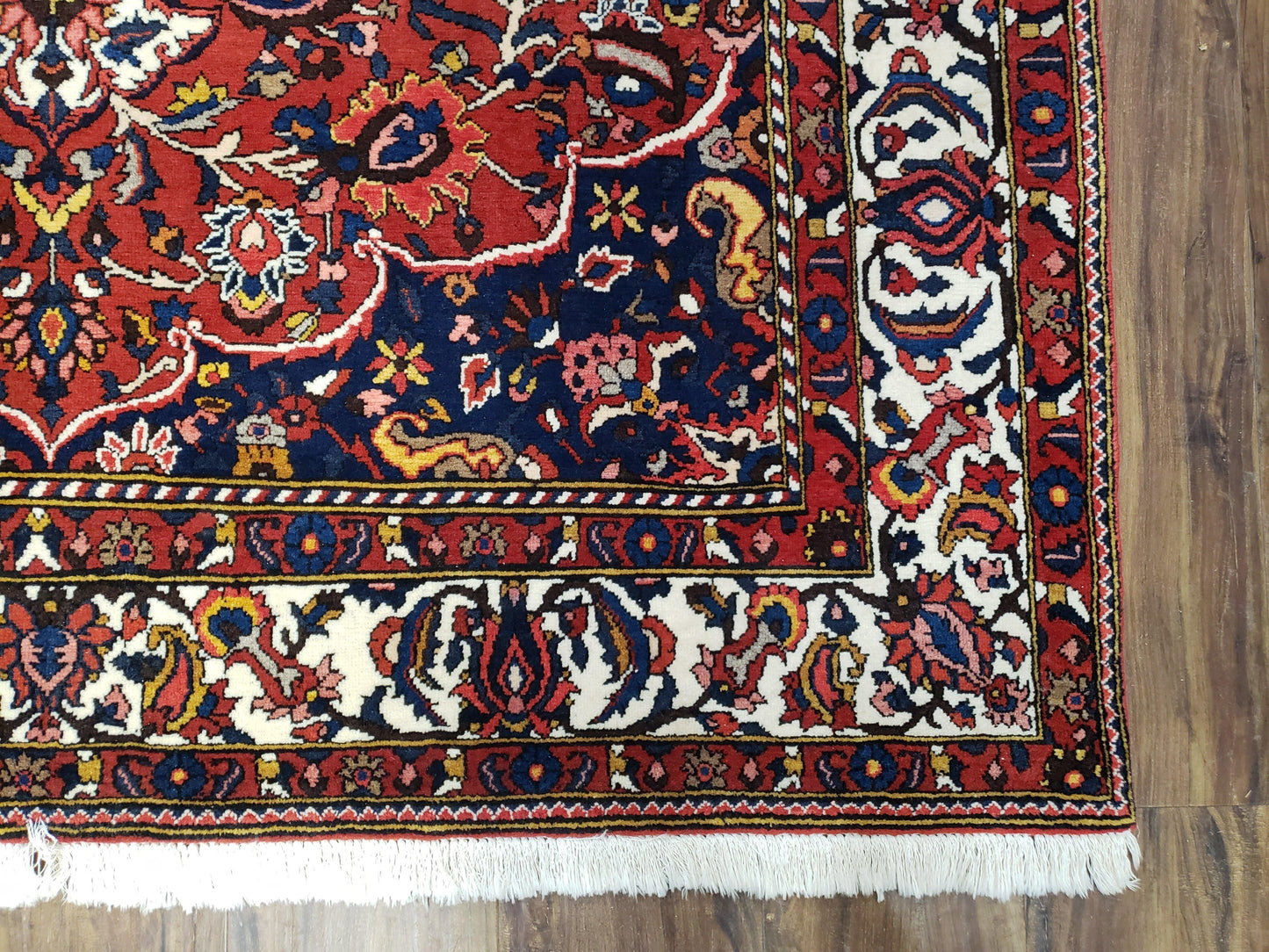 Semi Antique Persian Bakhtiari Rug, Hand-Knotted, Wool, Red, Midnight Blue, Ivory, Floral Medallion, 5'1" x 8' 6" - Nuvé