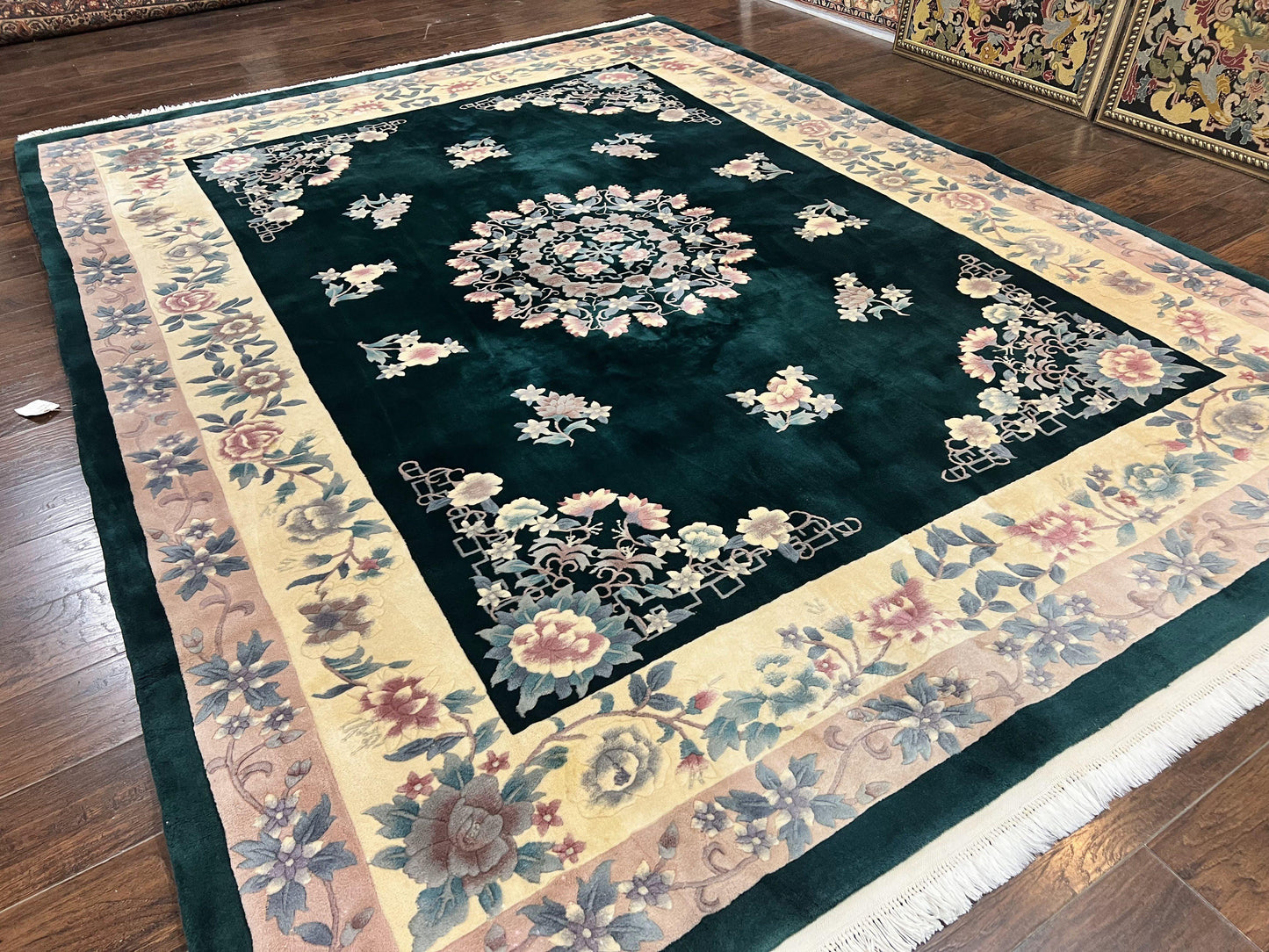 Chinese Art Deco Rug 9x12, Wool Hand Knotted Vintage Carpet, Dark Green & Cream, 90 Line Carving Rug - Nuvé