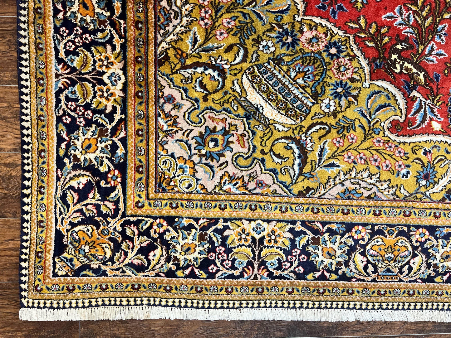 Wonderful Persian Qum Rug 10x14, Wool w/ Silk Highlights, Hand Knotted Semi Antique Vintage Carpet, Red, Floral, Fine Weave, Birds Deer Pictorials - Nuvé
