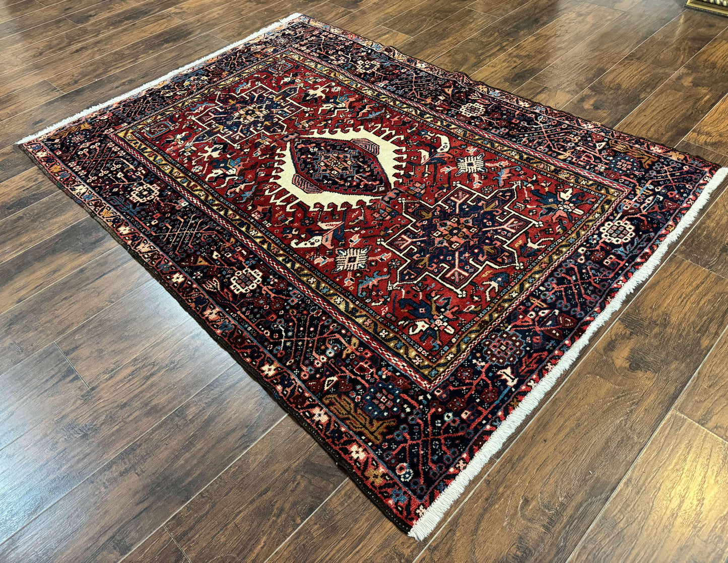 Persian Karajeh Rug 5x6, Antique Heriz Carpet, Geometric, Persian Tribal Rug, Brick Red Navy Blue - Nuvé