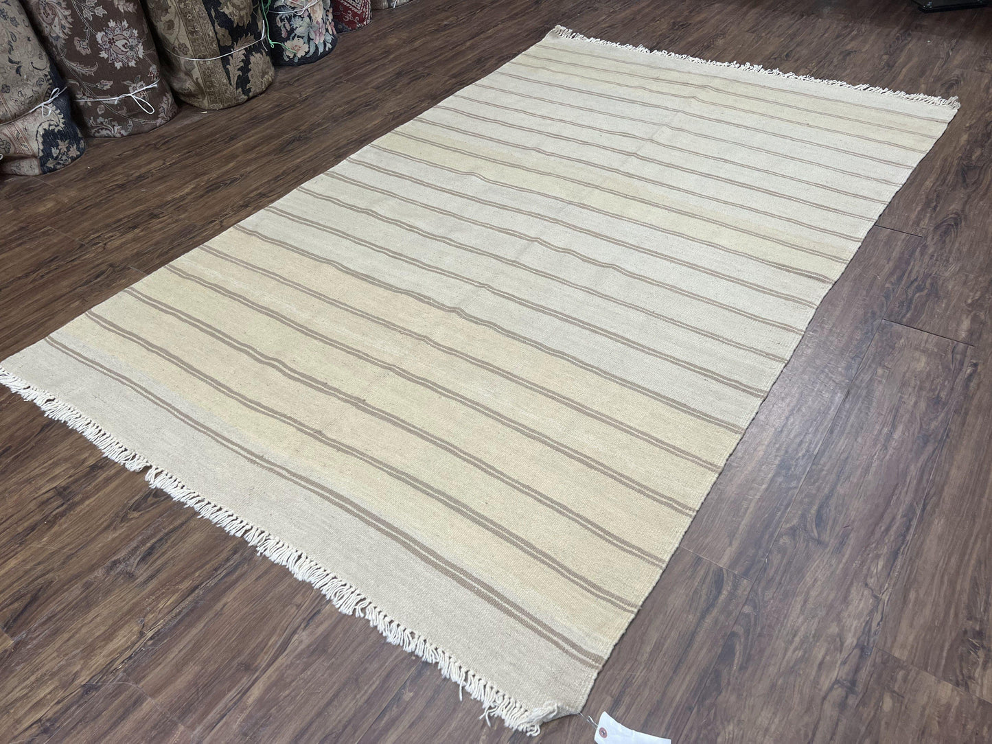 New Turkish Kilim Rug 5x8 Flatweave Carpet, Bohemian Rug, Contemporary Rug, Hand Woven, Wool Area Rug, Gray and Taupe, Striped Pattern - Nuvé