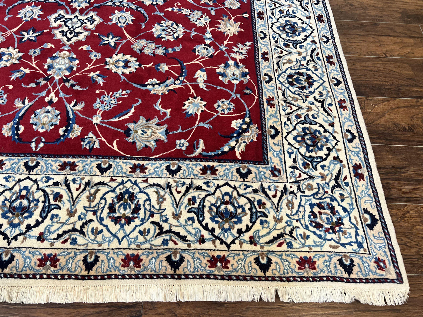 Persian Nain Rug 6x10, Wool and Silk Highlights, Red and Ivory, Floral Medallion, Vintage Handmade Hand Knotted, Fine 225 KPSI, Traditional Rug - Nuvé