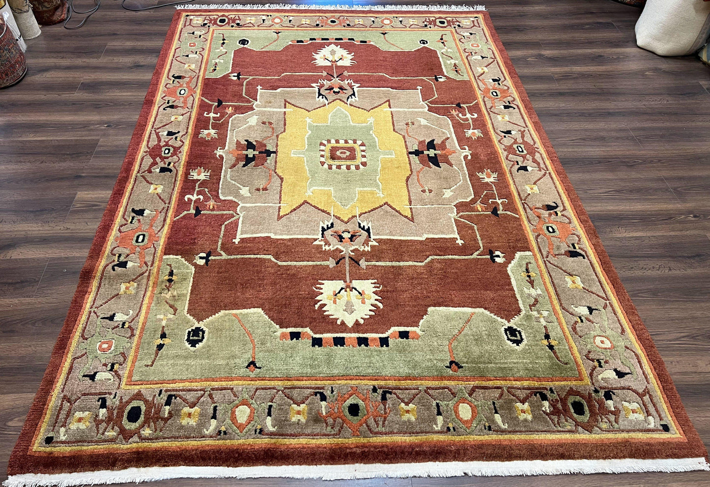 Tibetan Rug 7x10, Geometric Medallion, Red Green Taupe, Hand Knotted, Soft Wool Area Rug, Contemporary Carpet, Handmade Nepali Rug 7 x 10 ft - Nuvé