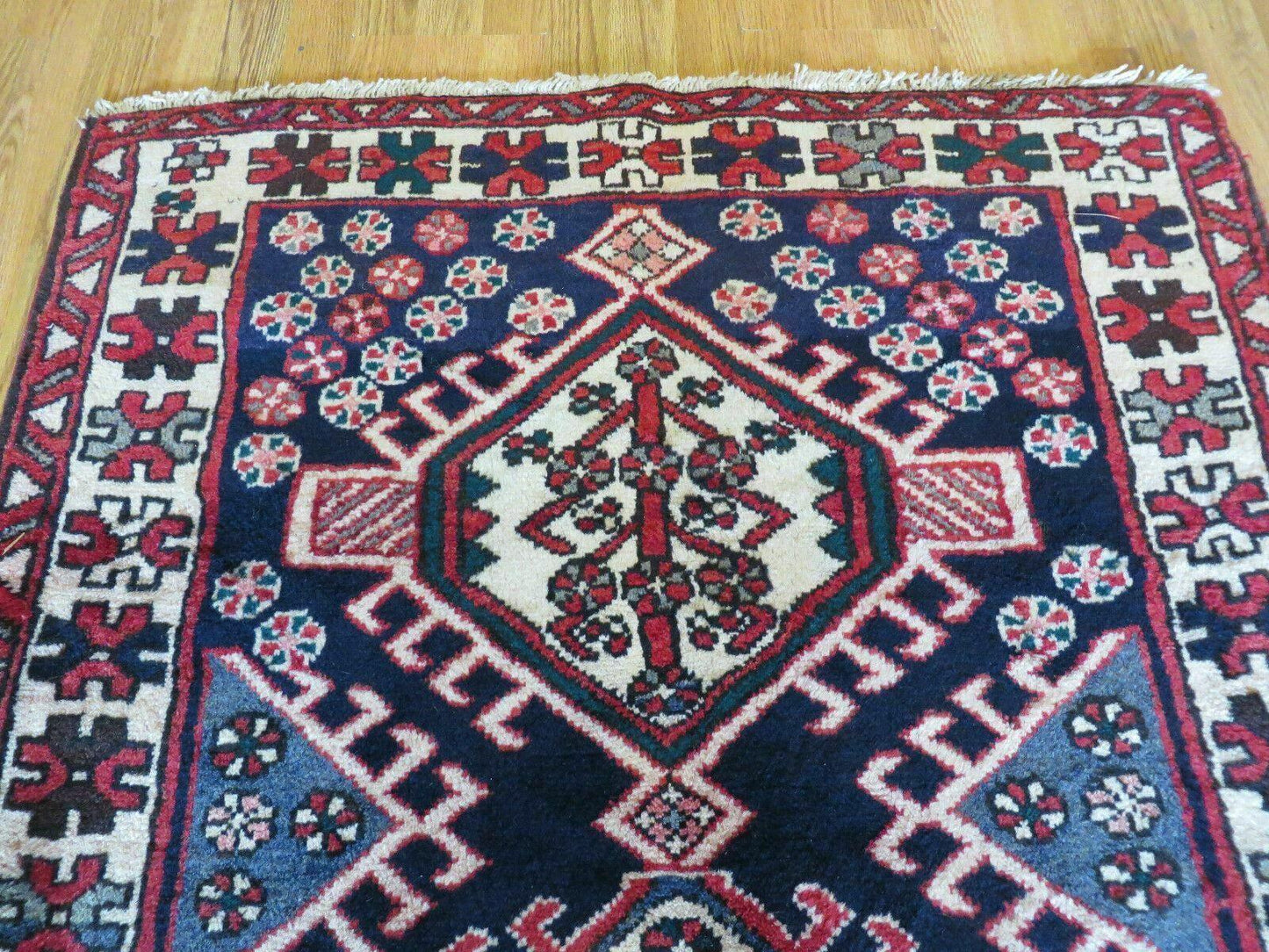 Persian Runner Rug 3.5 x 10.7, Karajeh Heriz Rug, Navy Blue, Geometric Medallions - Nuvé
