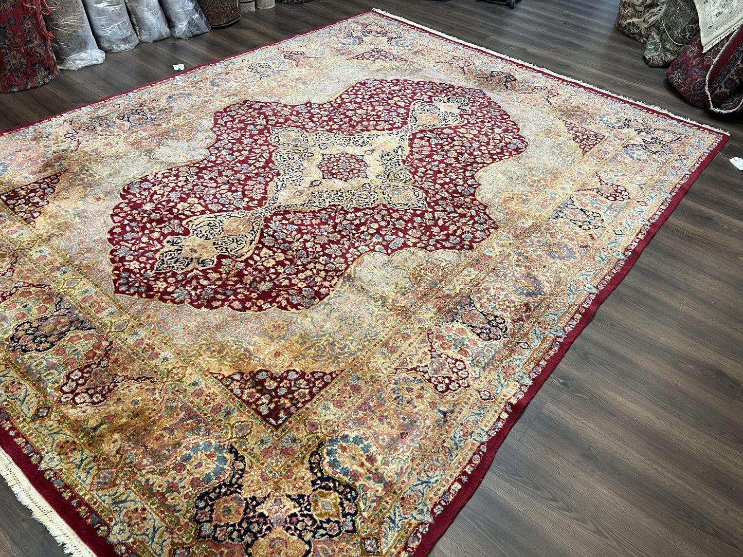 Persian Rug 9x12, Kirman DeLuxe, Millefleur Floral Medallion Carpet, Maroon Light Blue Beige, Semi Antique Authentic Hand Knotted Wool Rug