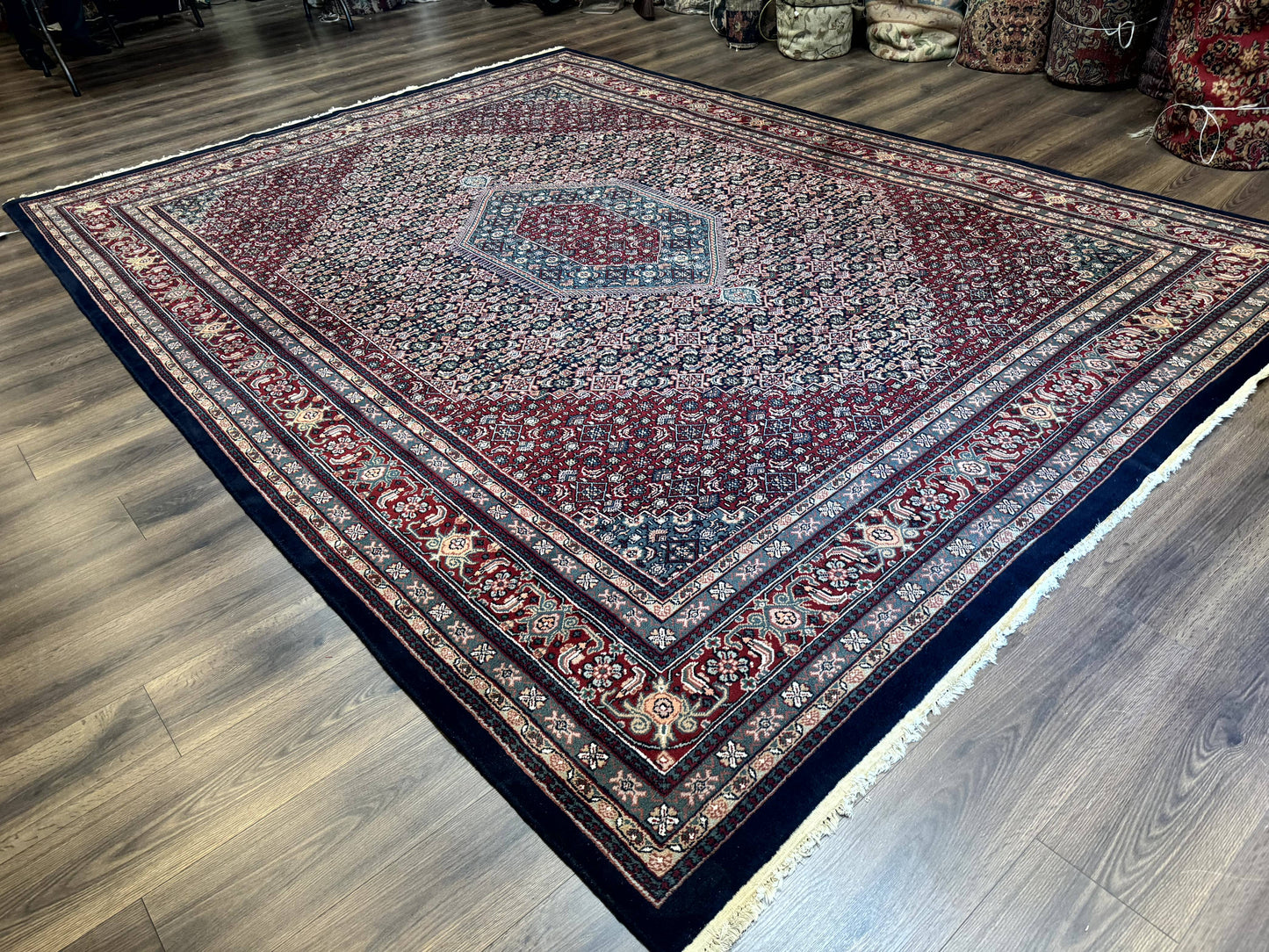 Indo Persian Bidjar Rug 9x12 Wool Handmade Carpet Dark Blue - Nuvé