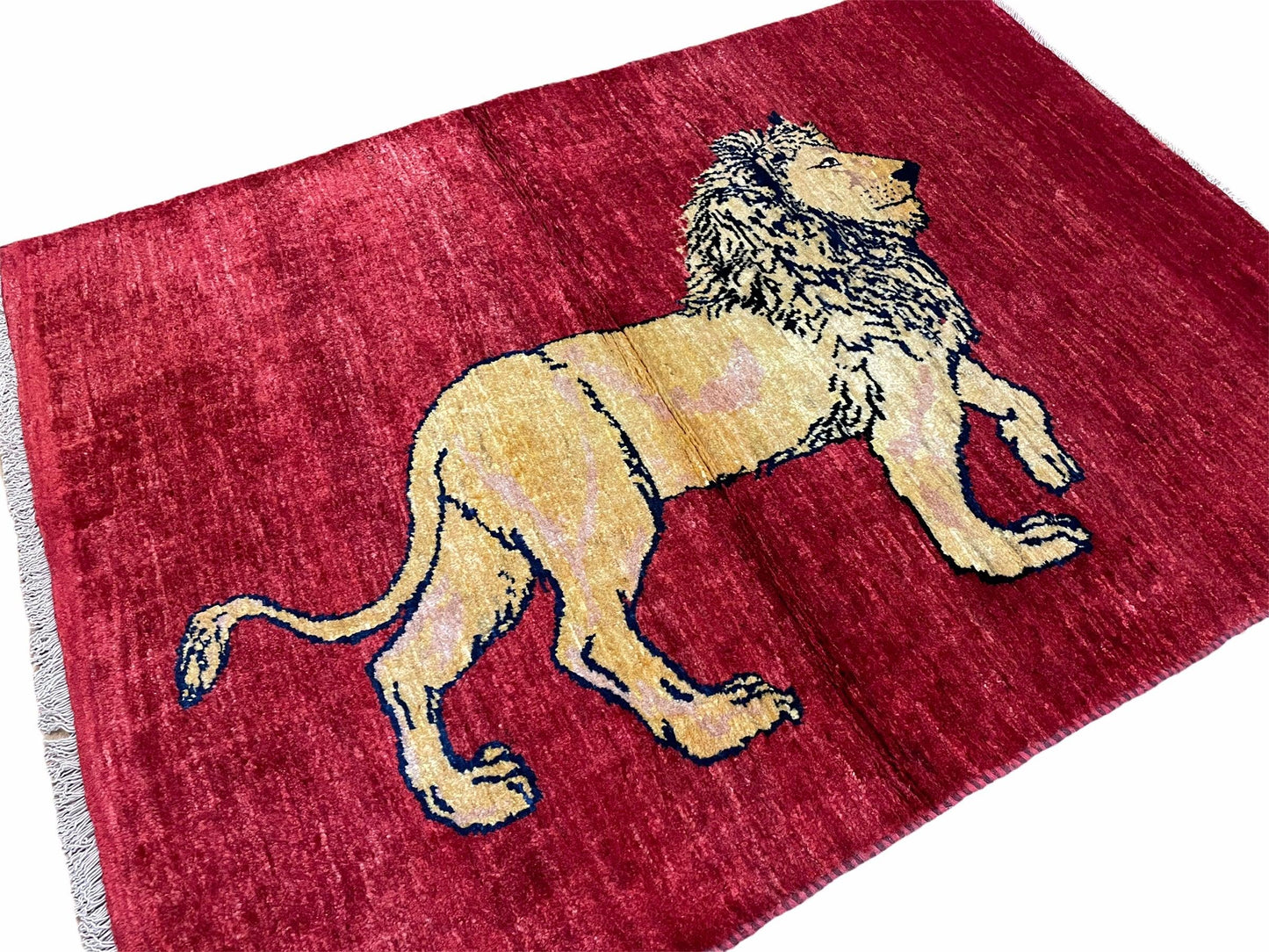 3 X 5 Handmade Hand-Knotted Quality Wool Rug New Vintage Lion Red Pictorial - Nuvé