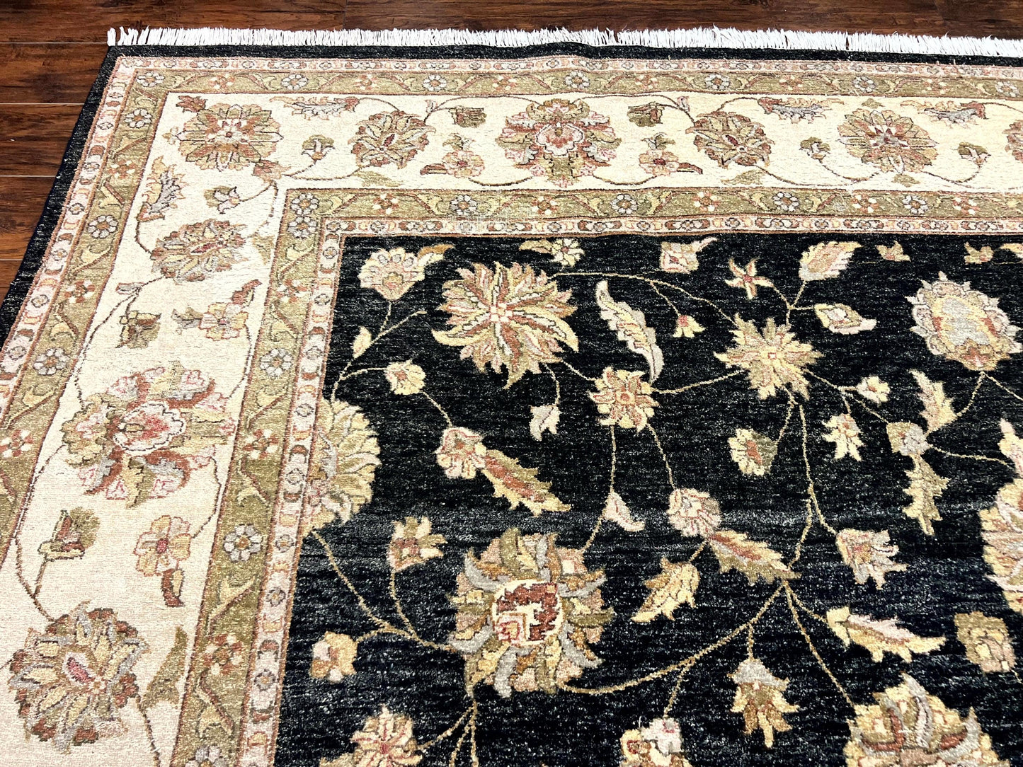 Indo Persian Rug 10x14, Charcoal and Beige, Floral Allover, Handmade Vintage Wool Carpet - Nuvé