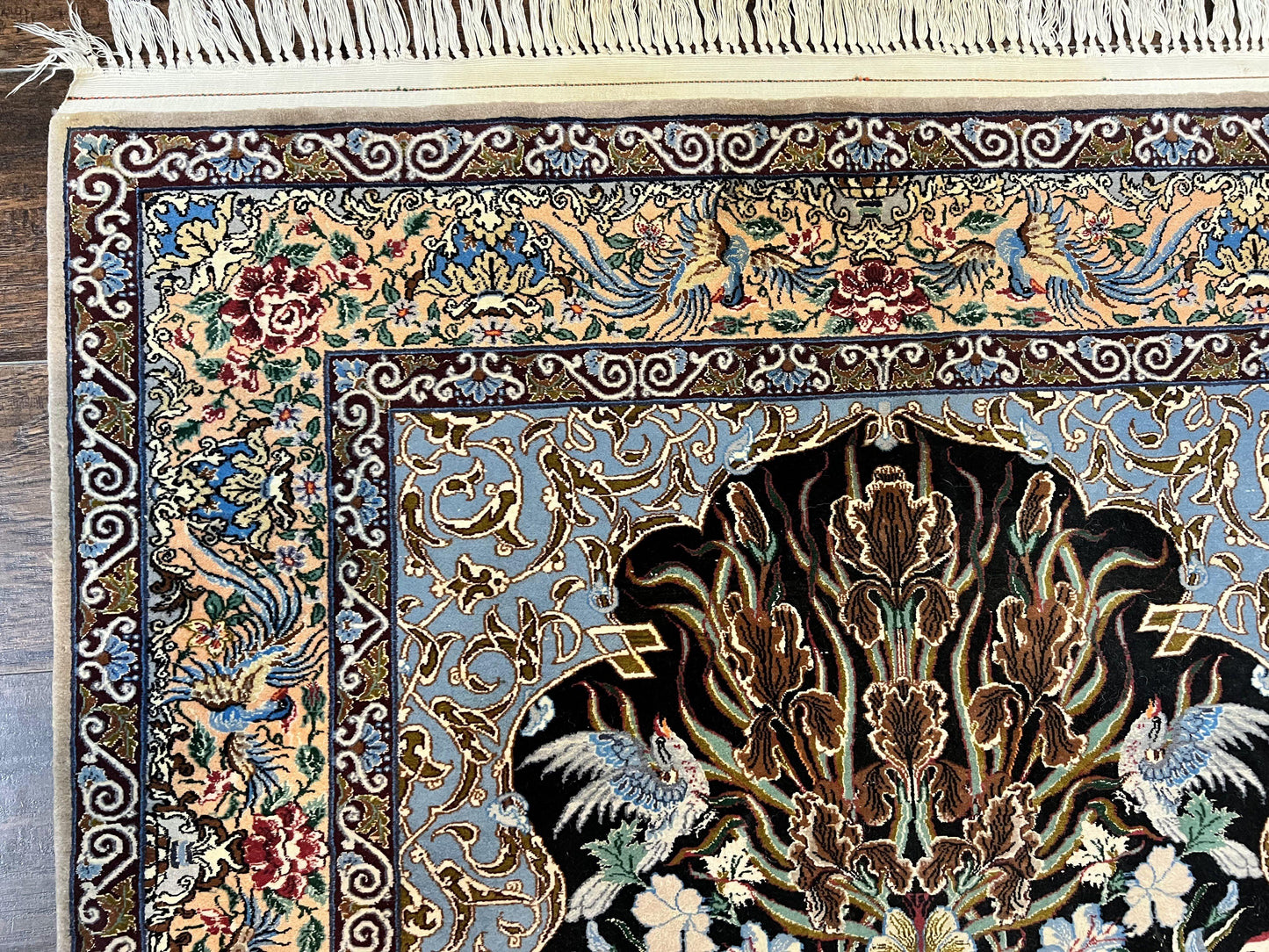 Wonderful Persian Isfahan Rug 3.7 x 5, Kork Wool on Silk Foundation, Very Fine 460 KPSI, Tree of Life Persian Vase Design Animal Pictorials Peacocks - Nuvé