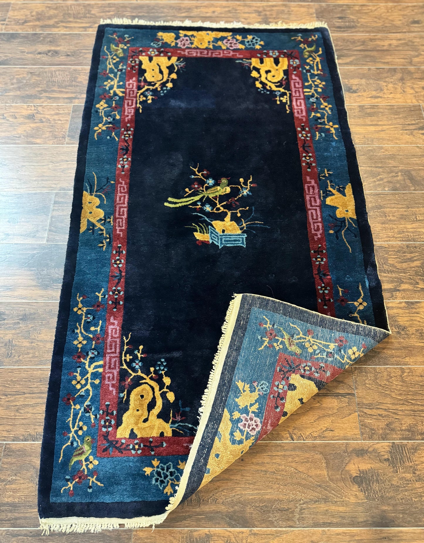 Antique Chinese Peking Rug 3x6, Dark Blue, Bird Motif, Handmade Wool Art Deco Asian Oriental Carpet, Pair B - Nuvé
