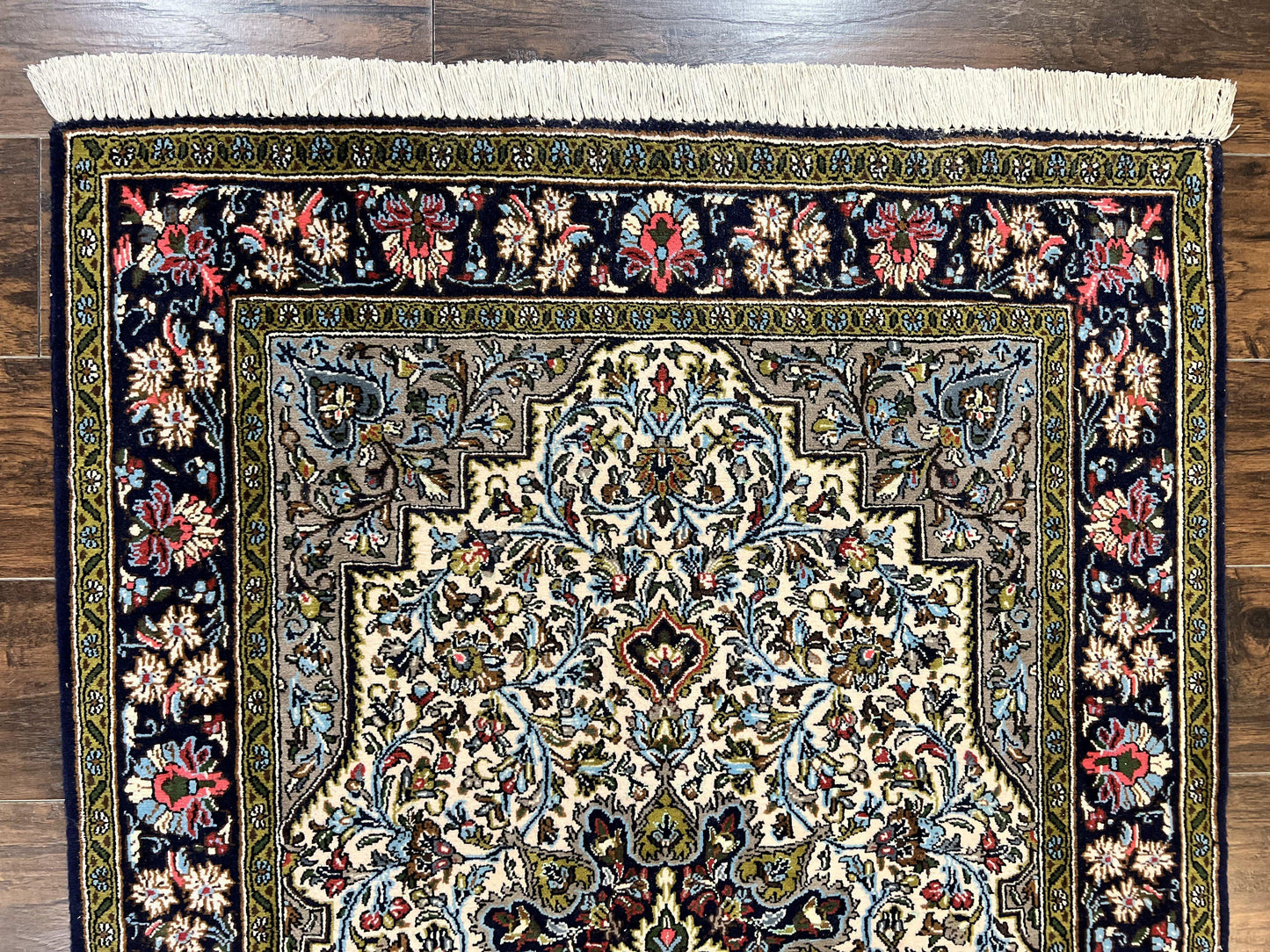 Persian Qum Rug 3x5, Wool with Silk Highlights, Handmade Semi Antique Carpet, Ivory & Navy Blue, Floral Medallion, Finely Hand Knotted - Nuvé