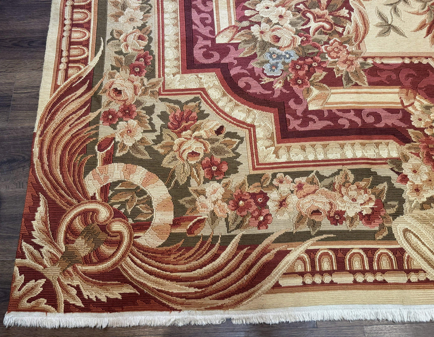 Large Aubusson Rug 10x13, Thick Flatweave Carpet, Elegant European Design, Cream and Raspberry - Nuvé