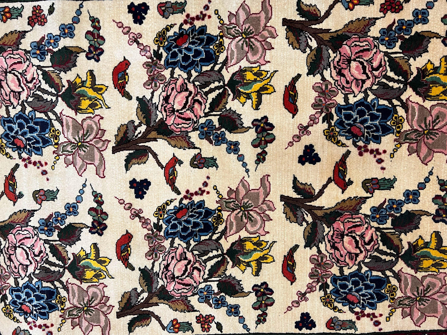 Persian Bidjar Rug 3.6 x 5 ft, Repeated Floral Motifs, Roses and Birds, Cream Burgundy, Fine Wool Oriental Bijar Carpet, Vintage Traditional Area Rug - Nuvé