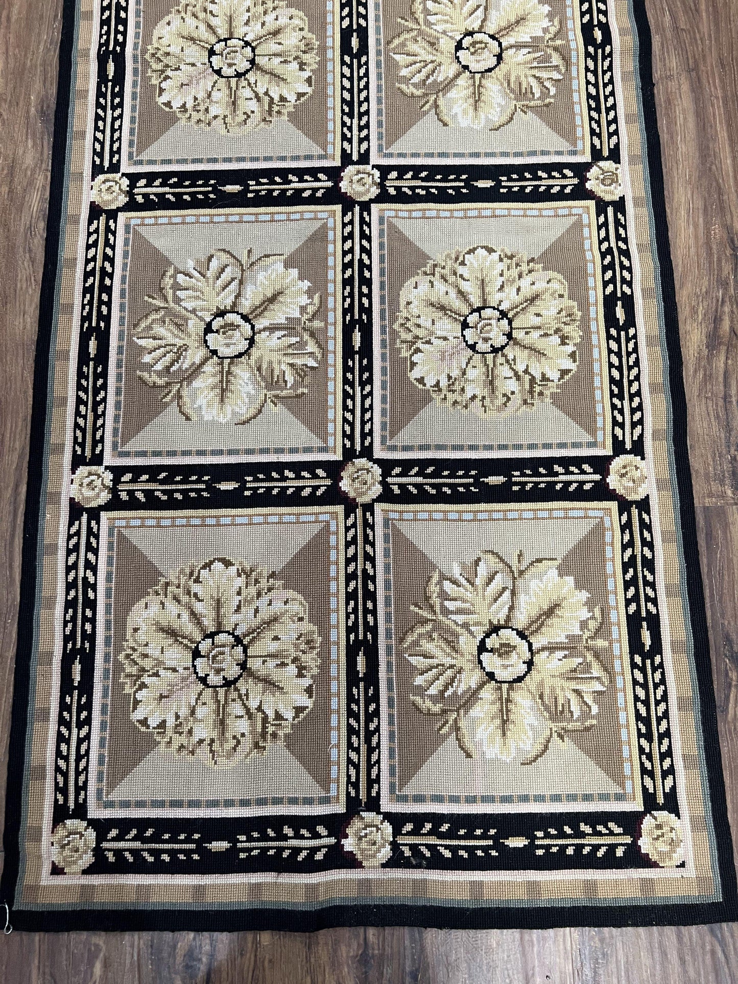 Needlepoint Runner Rug 3x8 Panel Design Rug, Flatweave Runner Rug, English Design, Floral, Short Runner Rug, Black and Beige Wool Hand-Woven - Nuvé