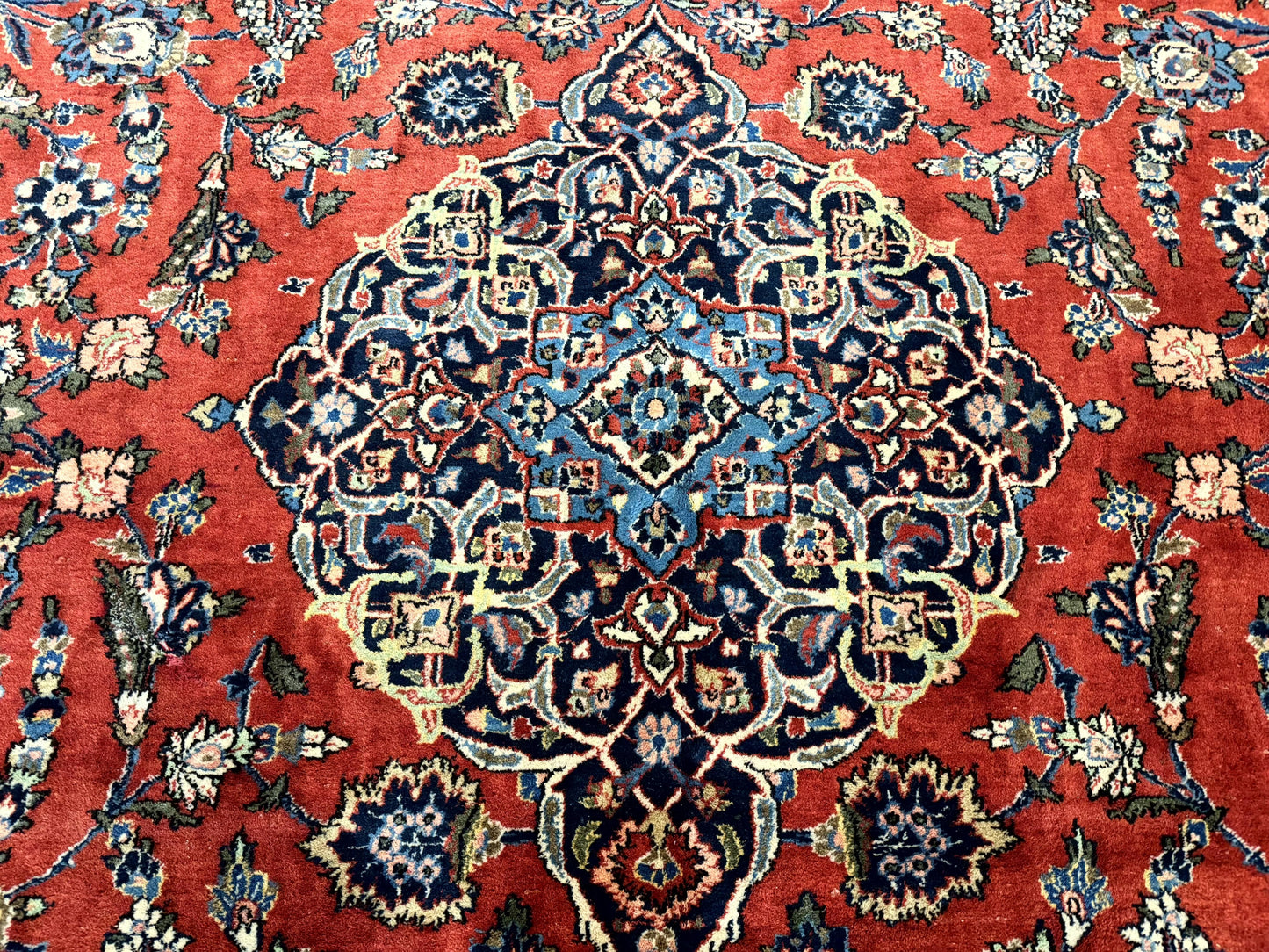 Red Persian Kashan Rug 10x14, Hand-Knotted Semi Antique Floral Medallion Handmade Wool Carpet, Red & Navy Blue - Nuvé