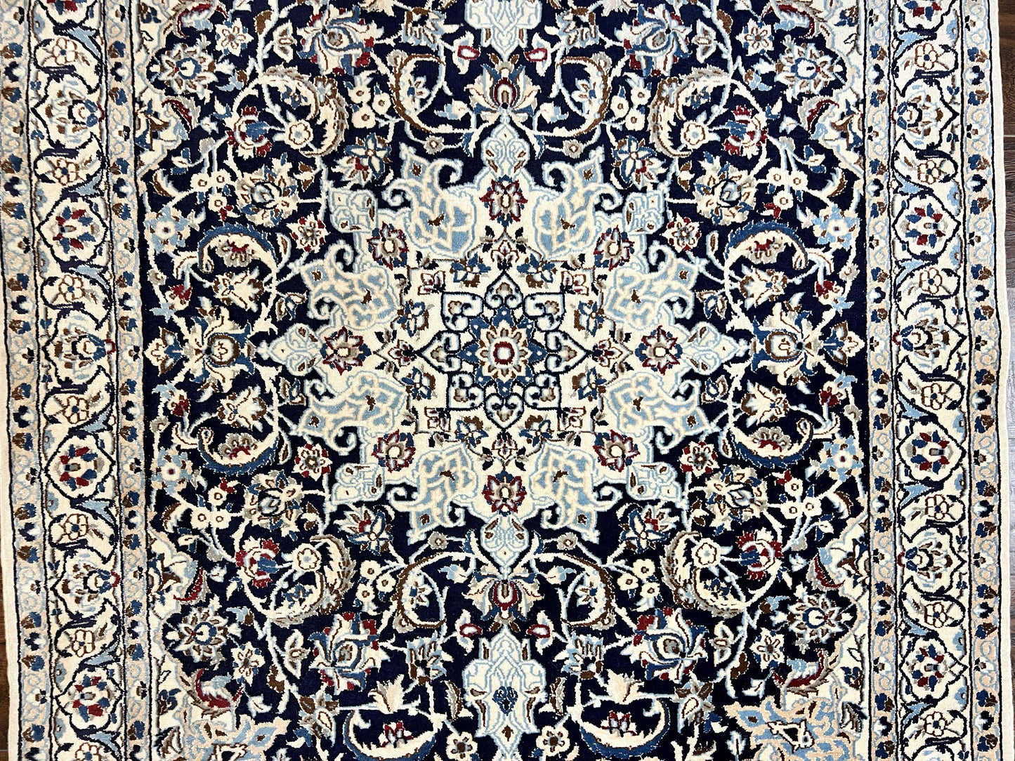 Persian Nain Rug 4x6, Floral, Hand Knotted Vintage Wool & Silk Highlights, Signature from Masterweaver, Navy Blue and Ivory - Nuvé