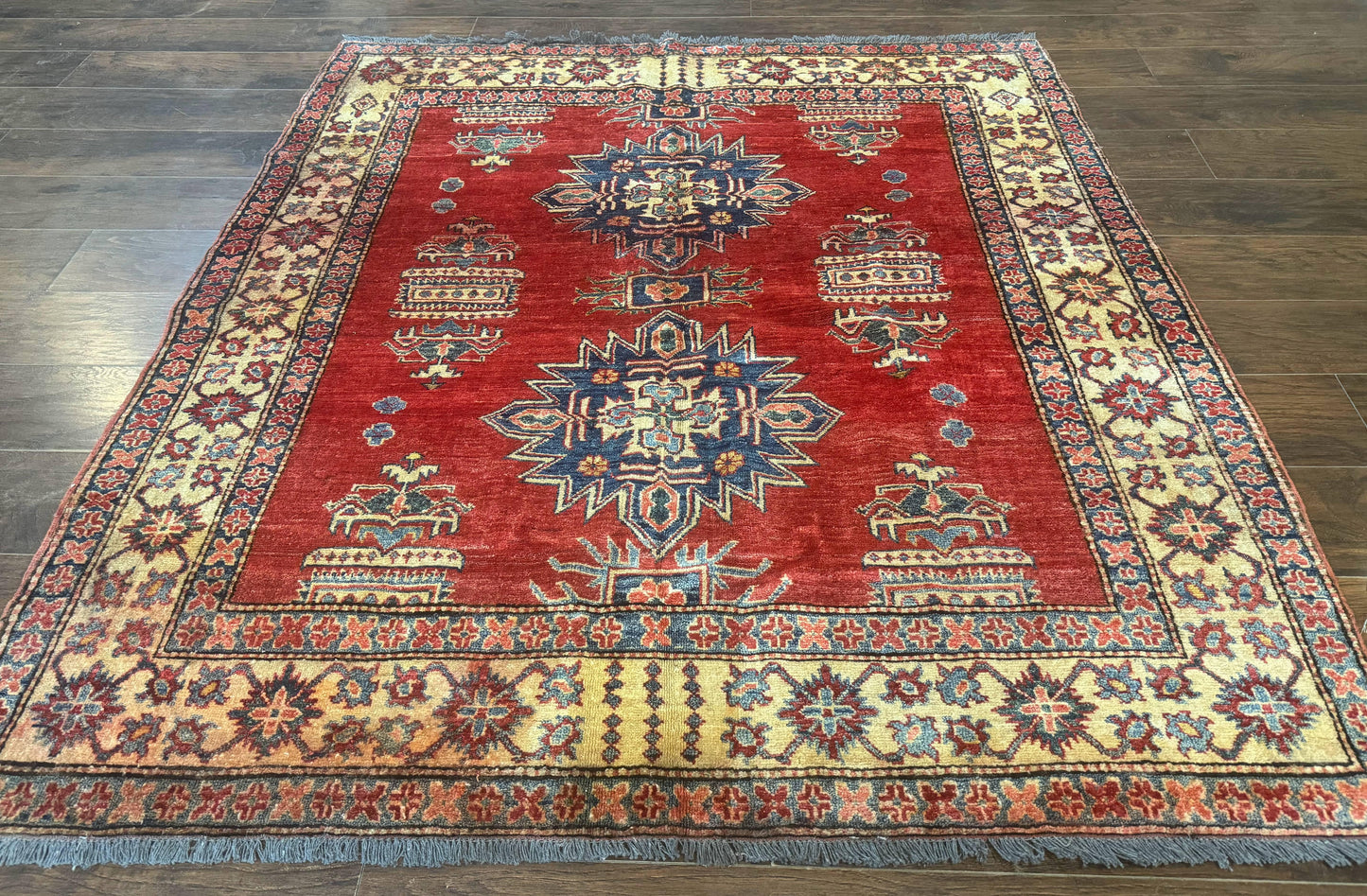 Square Turkish Rug 6x6, Azerbaijani Azeri Turkish Armenian Rug, Red Tan Blue, Geometric, Wool Carpet - Nuvé
