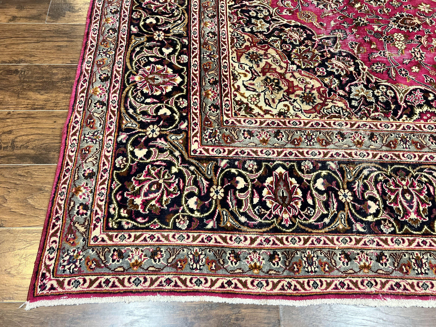 Persian Rug 10x13, Wool Hand Knotted Antique Kashmar Carpet, Raspberry Red & Navy Blue, Floral Medallion, Traditional Oriental Rug 10 x 13 - Nuvé