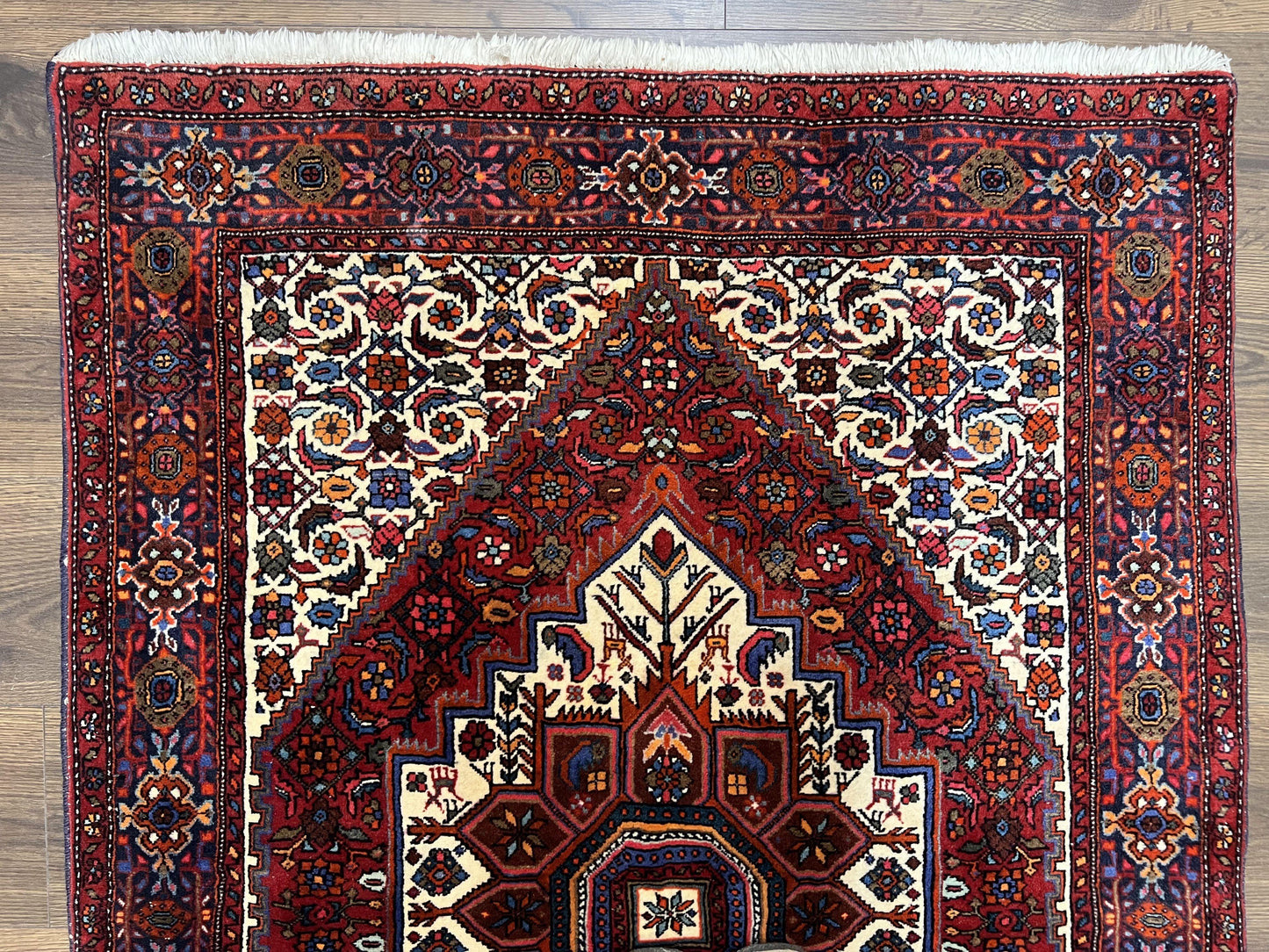 Fine Persian Bidjar Rug 3x5, Geometric Medallion Oriental Bijar Carpet 3 x 5 ft, Ruby Red and Cream, Hand Knotted Wool Rug, Semi Antique Tribal Rug, Nice - Nuvé
