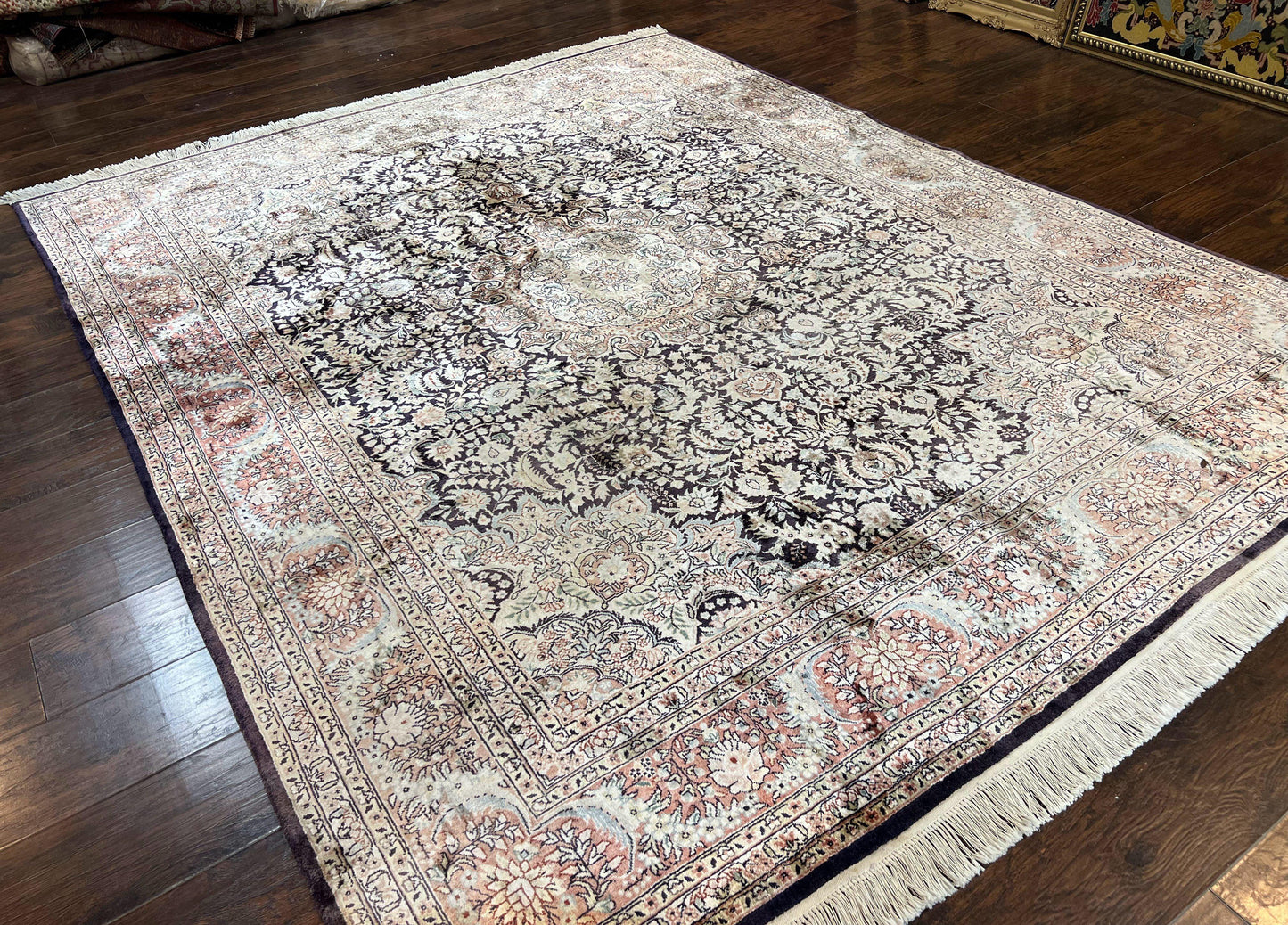 Silk Indian Kashmiri Rug 8x10, Floral Medallion, Indo Persian Carpet, Handmade Vintage Silk Rug - Nuvé