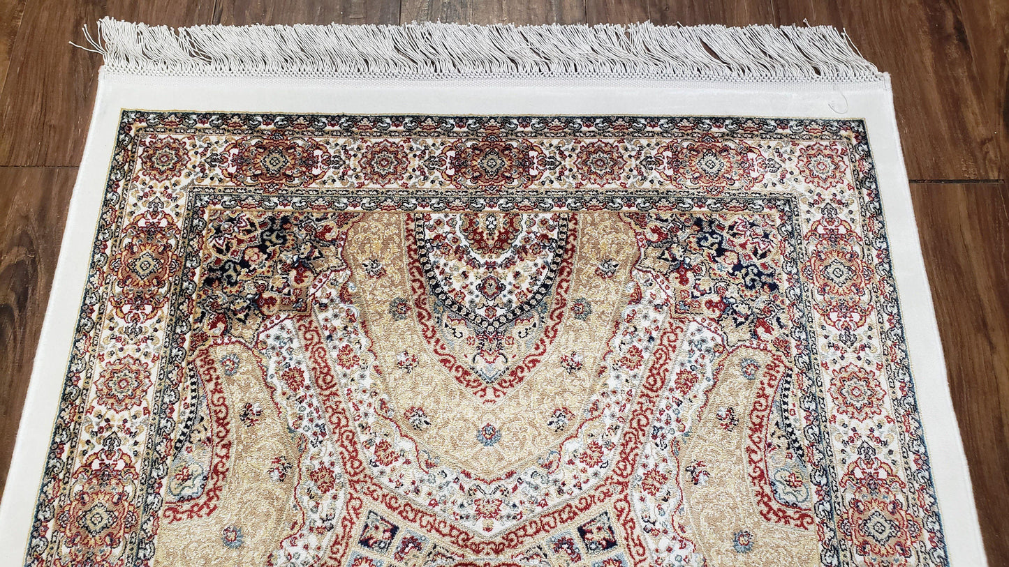 Persian Design Silk Accent Rug, Dome Medallion, Allover Pattern Oriental Carpet, Small Silk Rug, Cream, Ivory, Bamboo Silk, 2' 8" x 4' 1" - Nuvé