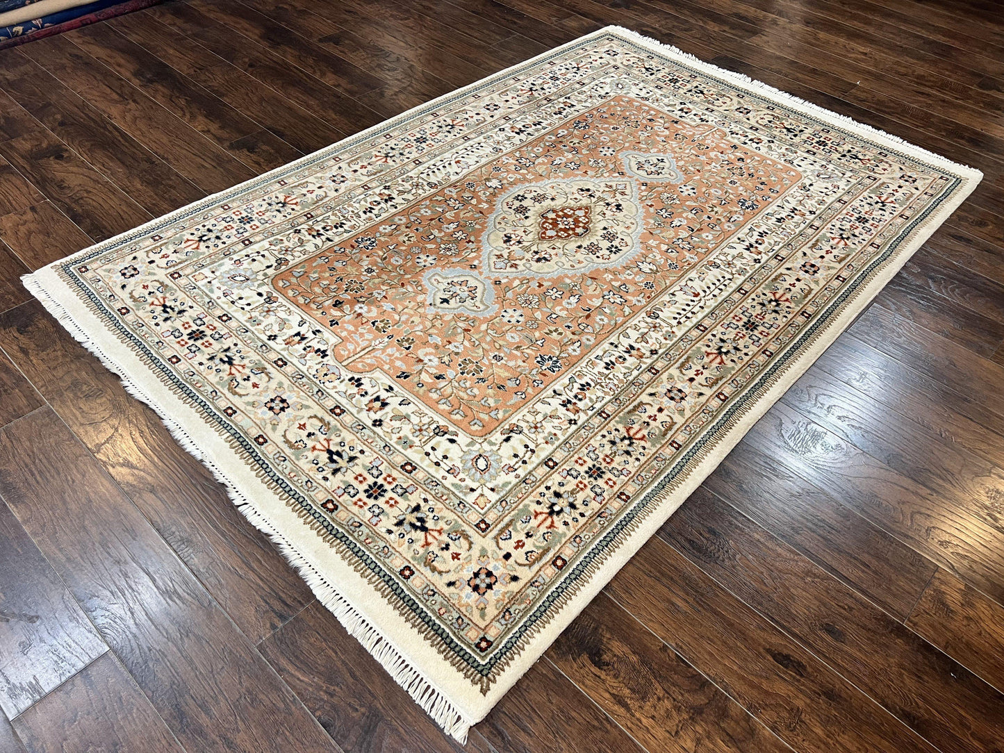 Indo Persian Rug 6x9, Wool Hand Knotted Vintage Carpet, Salmon & Ivory, Traditional Oriental Rug 6 x 9 - Nuvé