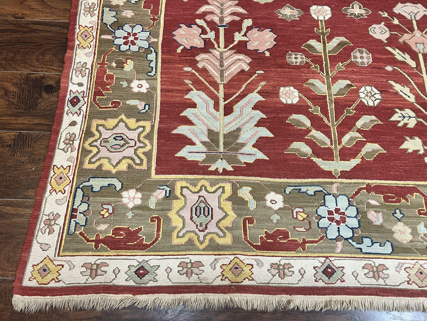 Indian Rug 10x14, Wool Hand Knotted Flatweave Carpet, Tree of Life, Red and Green - Nuvé
