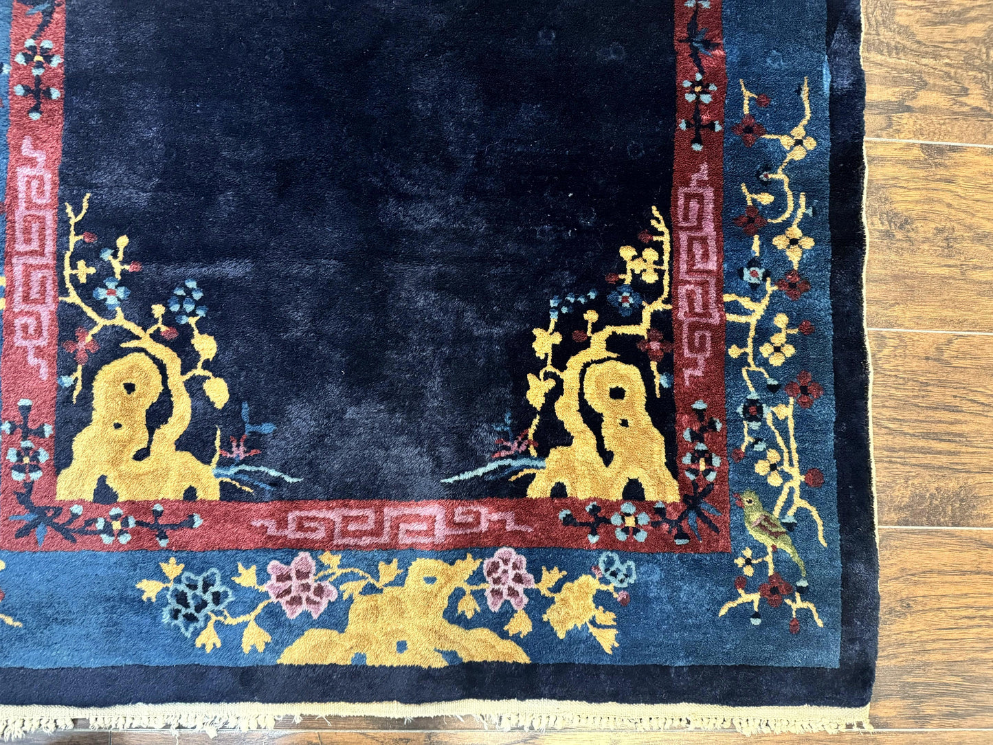 Antique Chinese Peking Rug 3x6, Dark Blue, Bird Motif, Handmade Wool Art Deco Asian Oriental Carpet, Pair B - Nuvé