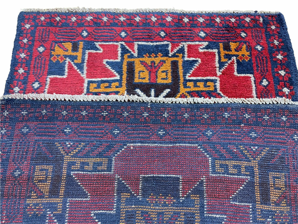 2' 8" X 4' 6" Vintage Handmade Tribal Wool Rug Balouchi Rug Afghan Rug Red Blue