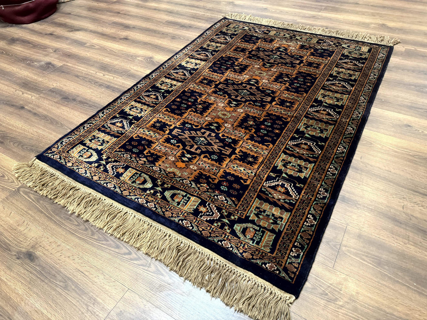 Vintage Afghan Rug 4x6, Navy Blue and Light Brown, Geometric Medallions, Wool on Wool, Tribal Rug - Nuvé