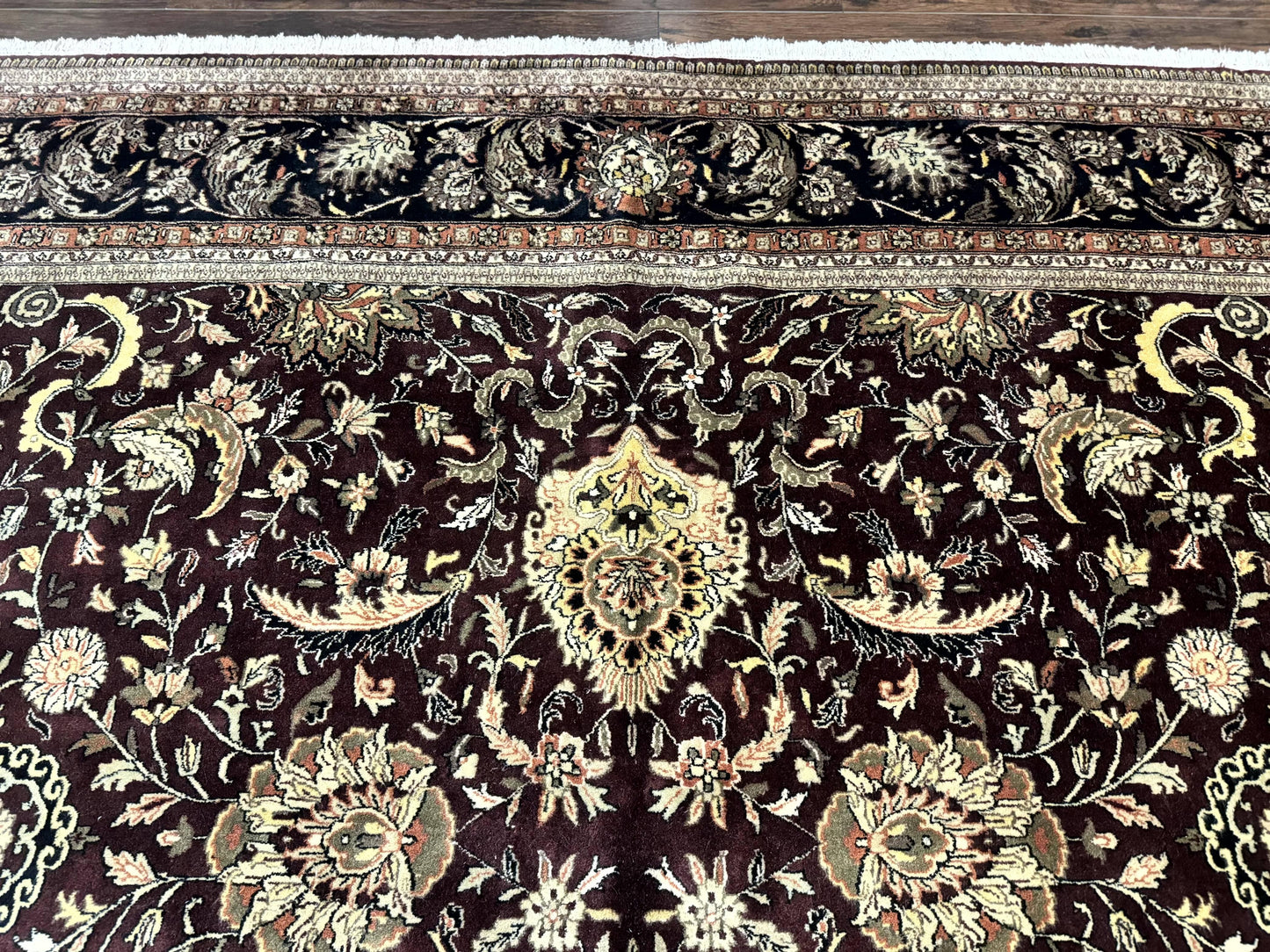 Indo Persian Rug 10x14, Floral Allover, Handmade Vintage Wool Rug, Dark Maroon/Plum and Black - Nuvé