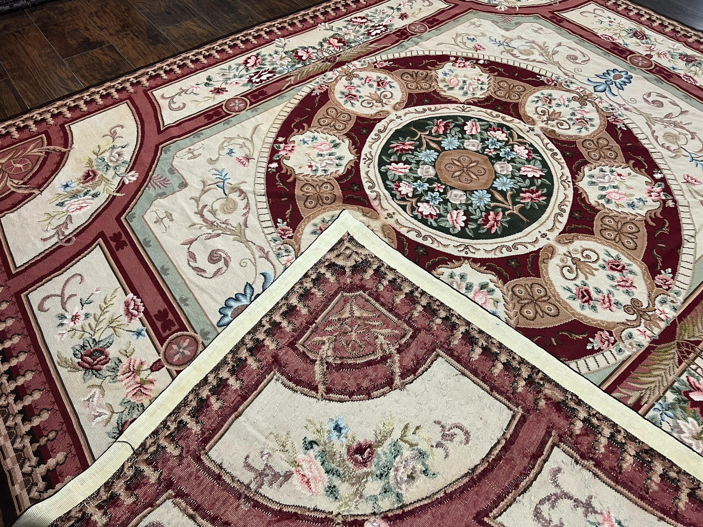 Needlepoint Rug 7.9 x 9, Beige Maroon Rose, Handmade Handwoven Flatweave Aubusson Savonnerie French European Elegant Carpet, Wool Rug - Nuvé