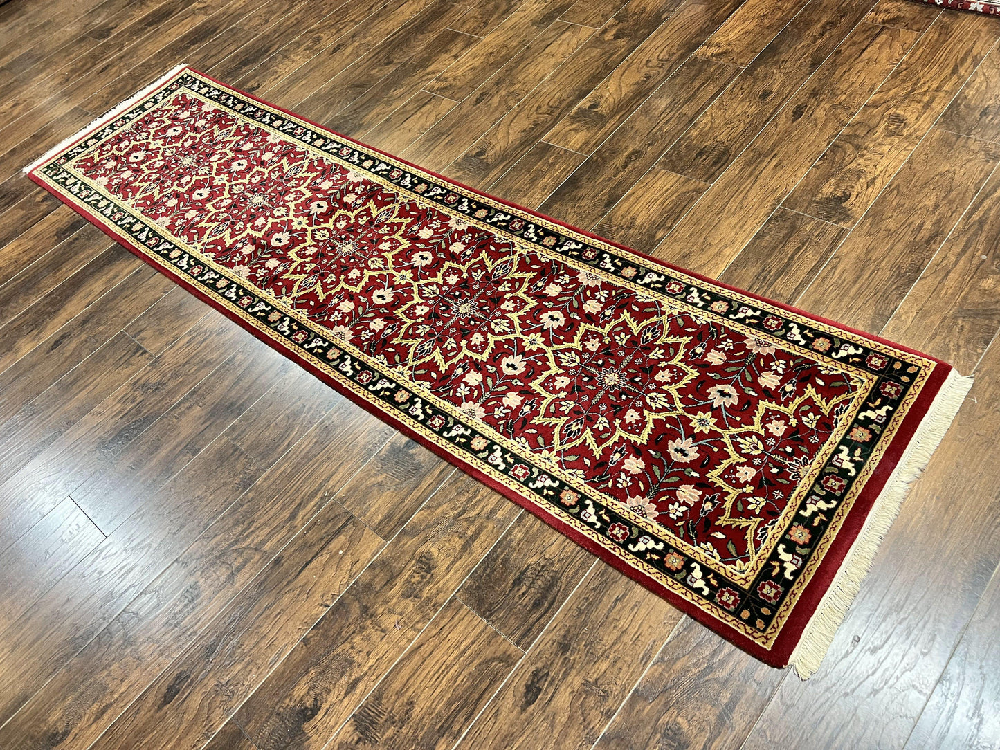 Indo Sarouk Runner Rug 2.6 x 10 ft, Floral Hand Knotted Wool Handmade Vintage Indian Hallway Rug, Red Tan Black, 10ft Persian Runner - Nuvé