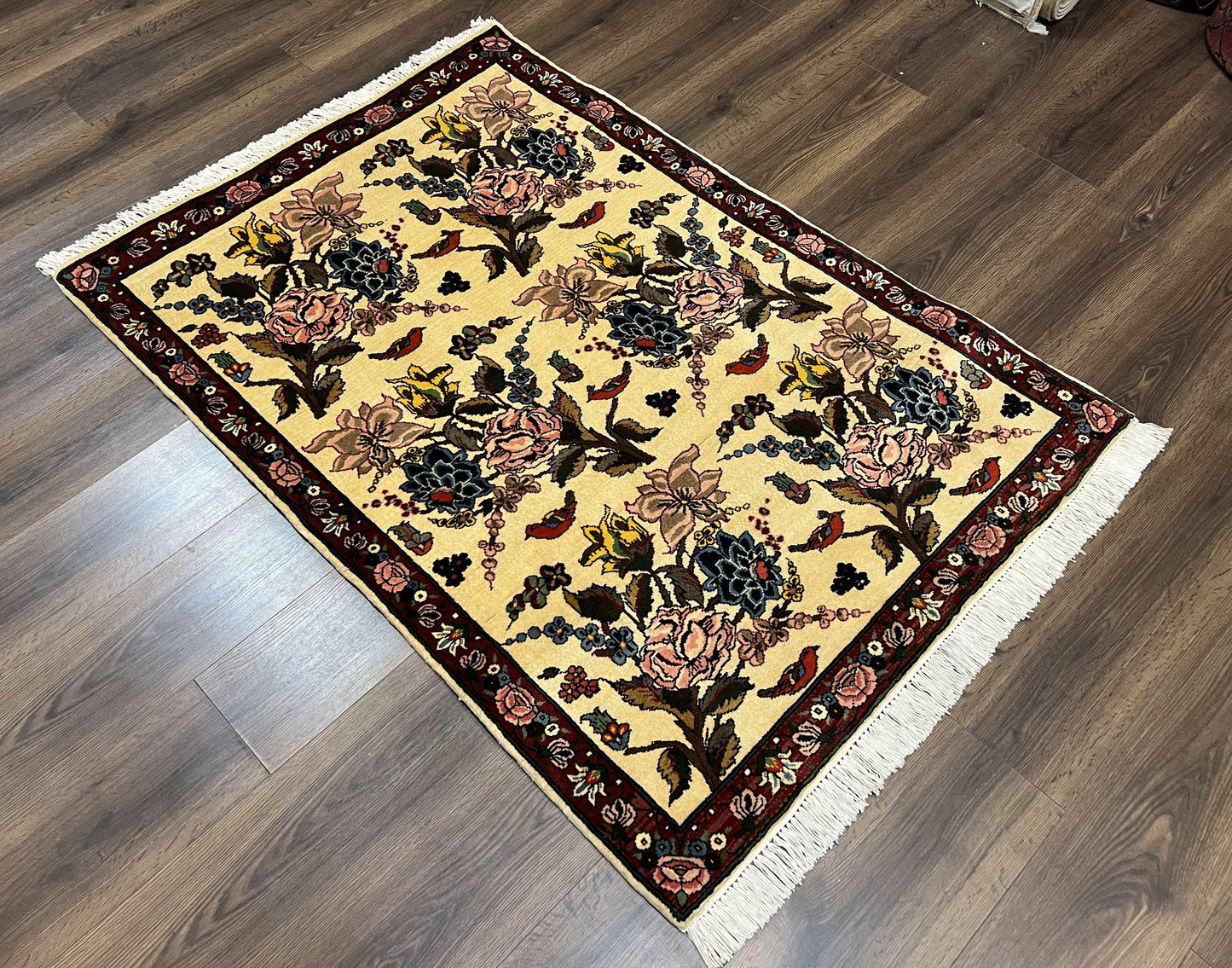Persian Bidjar Rug 3.6 x 5 ft, Repeated Floral Motifs, Roses and Birds, Cream Burgundy, Fine Wool Oriental Bijar Carpet, Vintage Traditional Area Rug - Nuvé