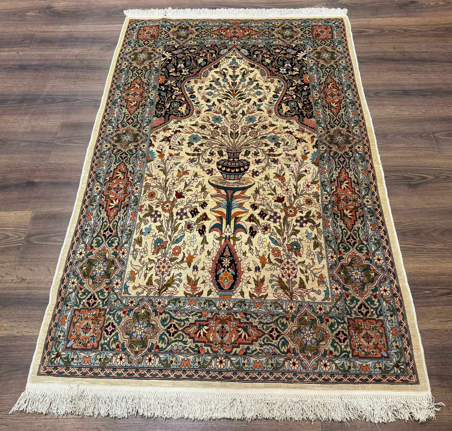 Rare Turkish Hereke Silk Rug 3x5, Tree of Life Persian Vase Design, Very Fine 440 KPSI, Signed - Nuvé