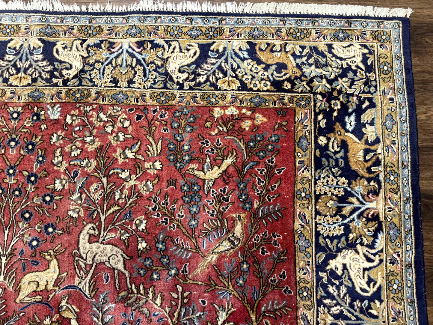 Persian Qum Rug 9x12, Animal Pictorials, Deer Birds, Tree of Life, Red and Navy Blue - Nuvé