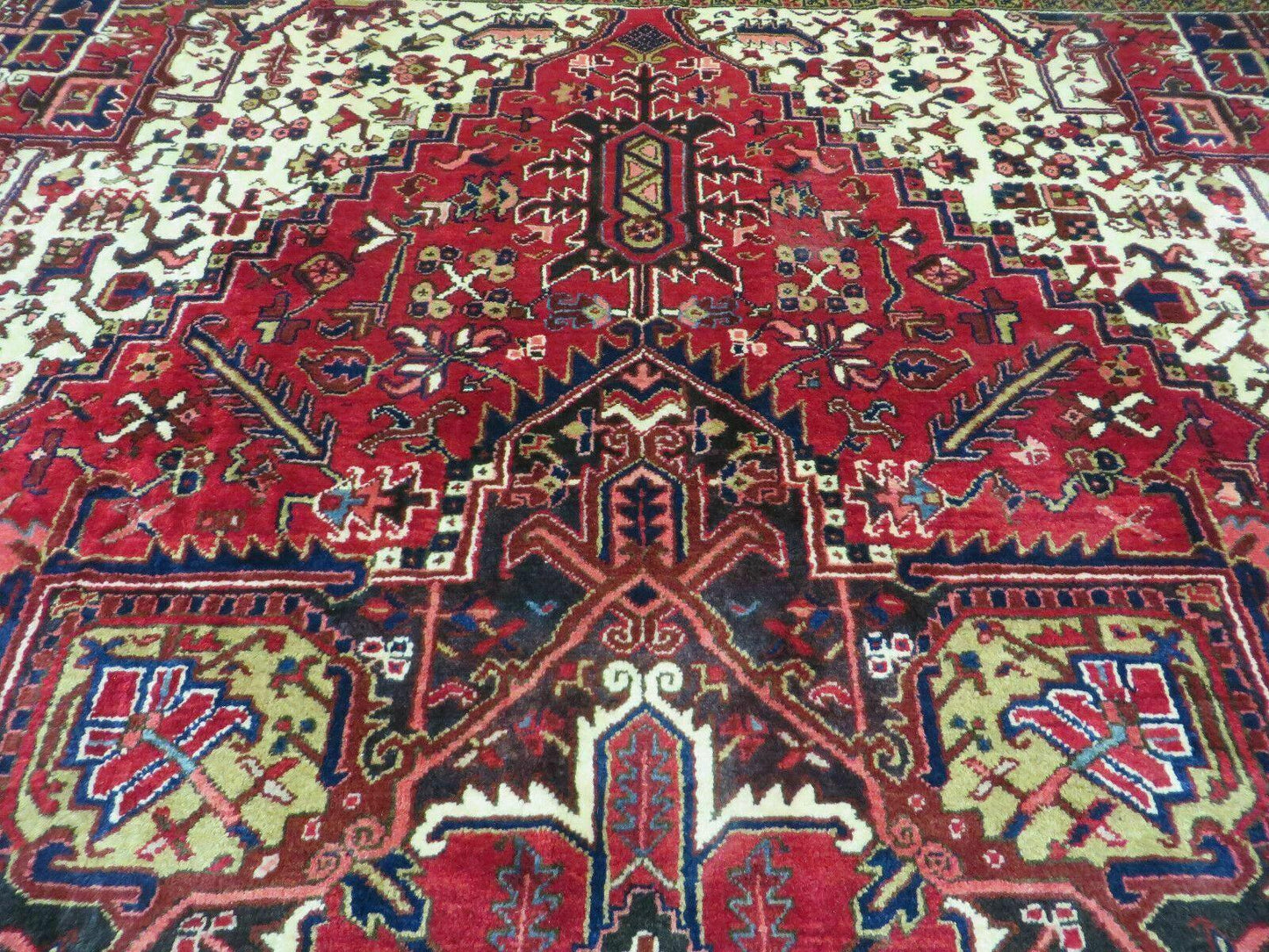 Wonderful Persian Heriz Rug 8.6 x 11, Geometric Heriz Carpet, Semi Antique Decorative Area Rug, Red Ivory Dark Blue Handmade Wool Room Sized - Nuvé