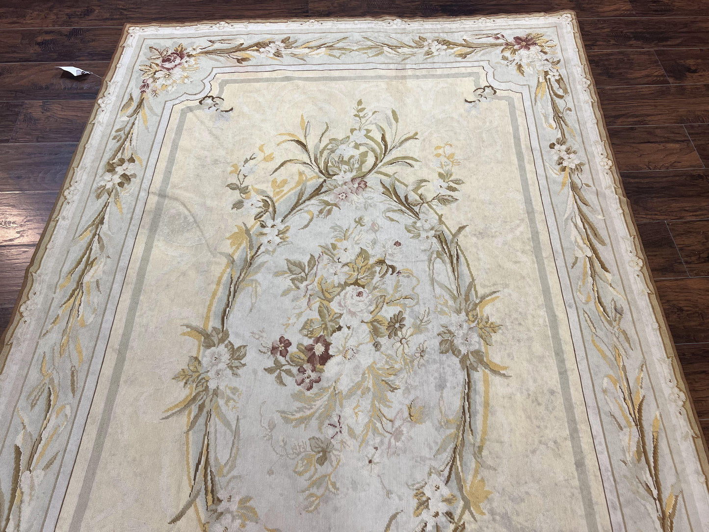 Needlepoint Rug 6x9, Elegant European Design Aubusson Carpet, Vintage Wool Handmade Rug, Light Yellow Ivory - Nuvé