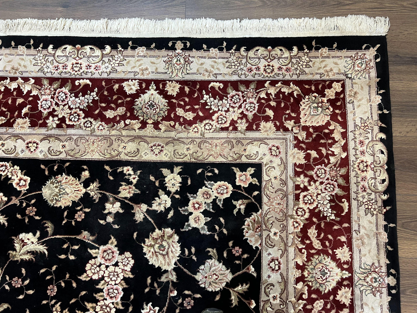 Sino Persian Rug 9x12, High Quality Oriental Carpet, Black and Maroon, Wool and Silk, Allover Floral Pattern, Hand Knotted, Vintage Rug Nice - Nuvé