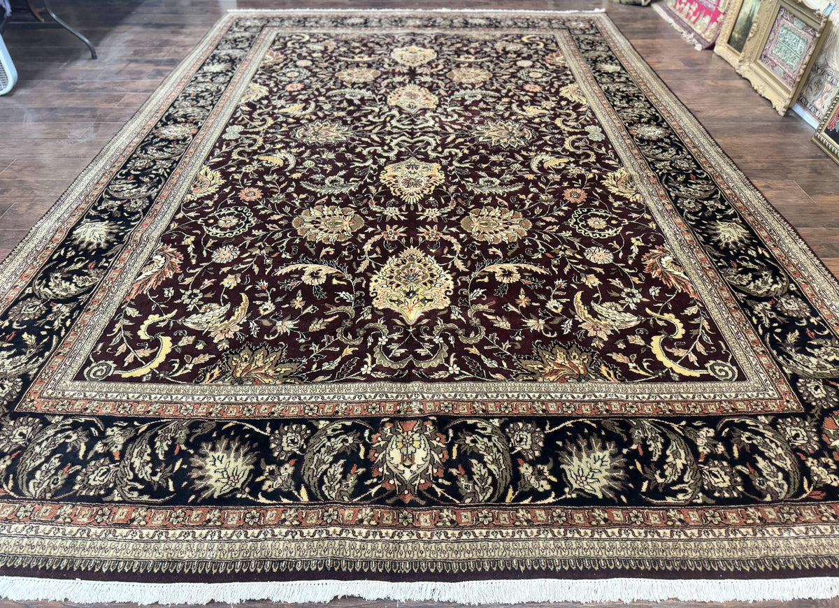 Indo Persian Rug 10x14, Floral Allover, Handmade Vintage Wool Rug, Dark Maroon/Plum and Black