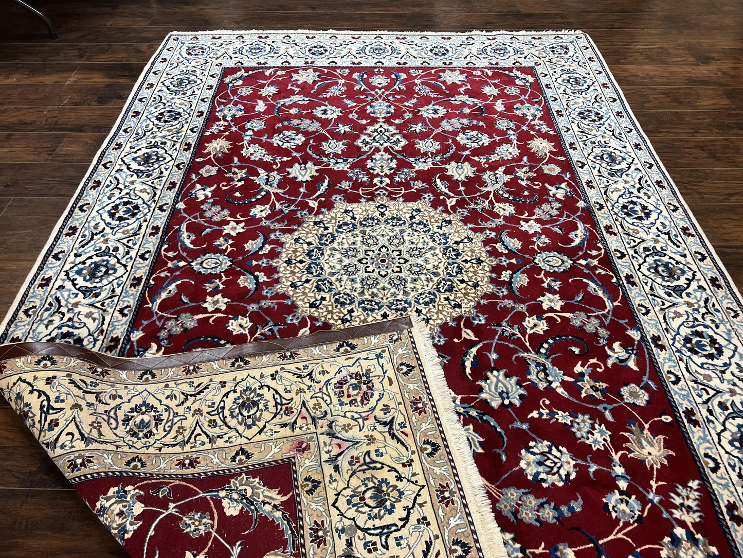 Persian Nain Rug 6x10, Wool and Silk Highlights, Red and Ivory, Floral Medallion, Vintage Handmade Hand Knotted, Fine 225 KPSI, Traditional Rug - Nuvé