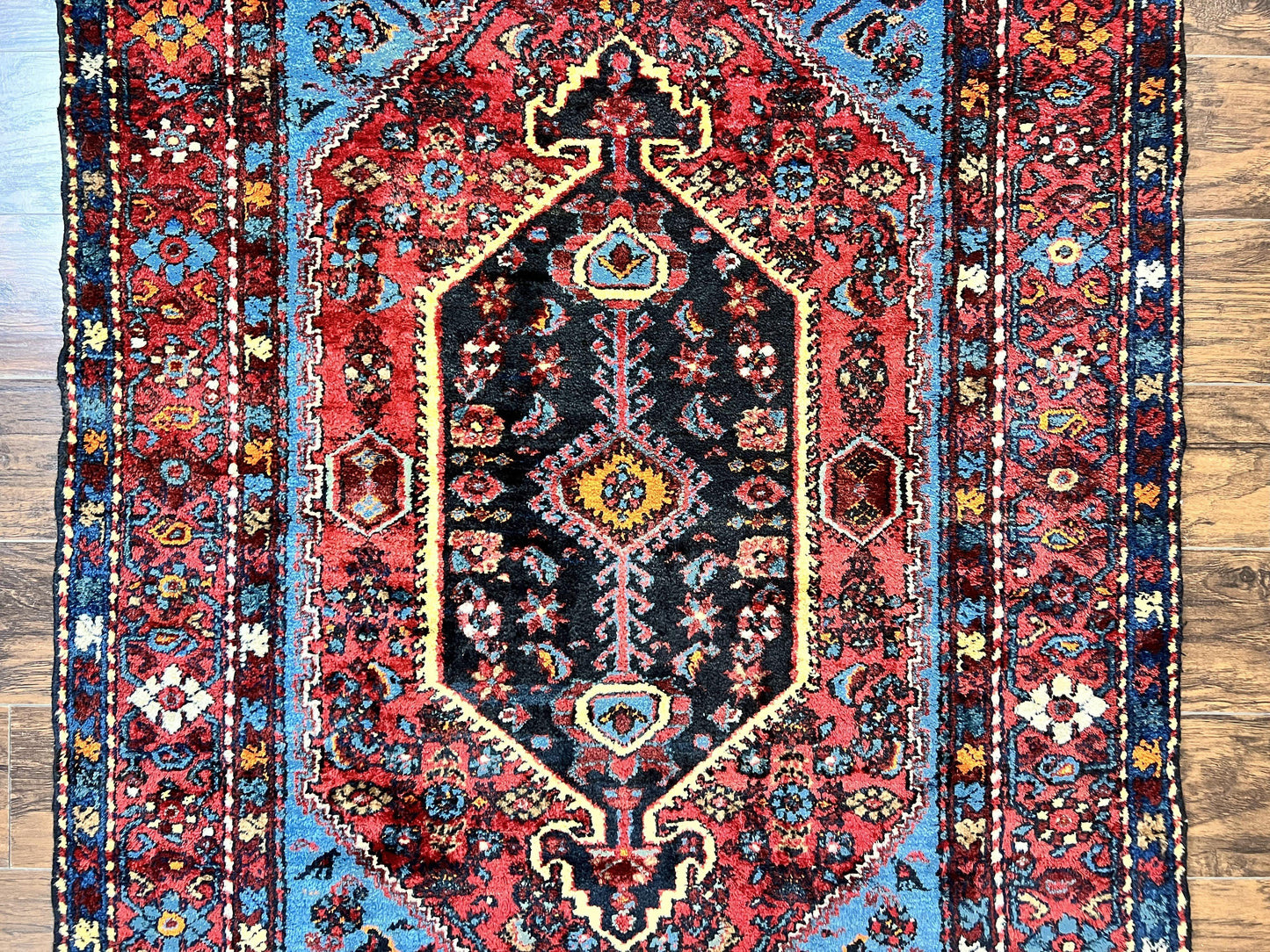 Antique Persian Tribal Rug 4x7, Wool Handmade 1920s Carpet, Red Blue, Persian Hamadan Rug - Nuvé