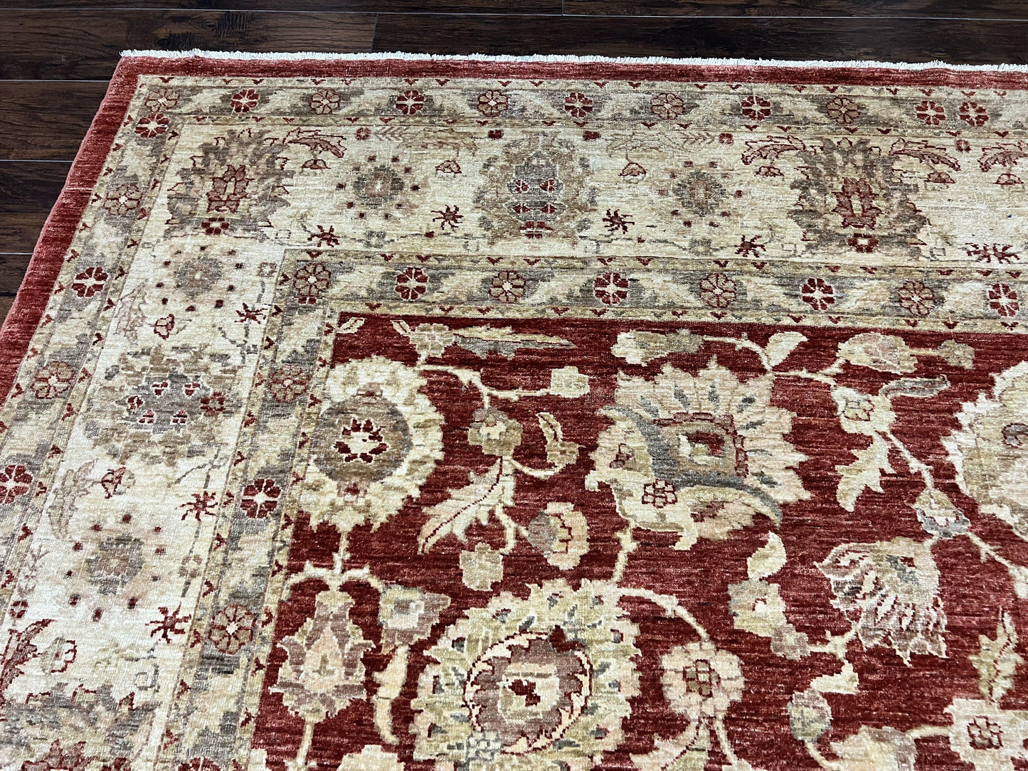 Pak Persian Rug 10x14, Sultanabad Mahal Peshawar Chobi Carpet, Large Vintage Wool Oriental Rug, Maroon & Beige, Floral Allover, Handmade - Nuvé