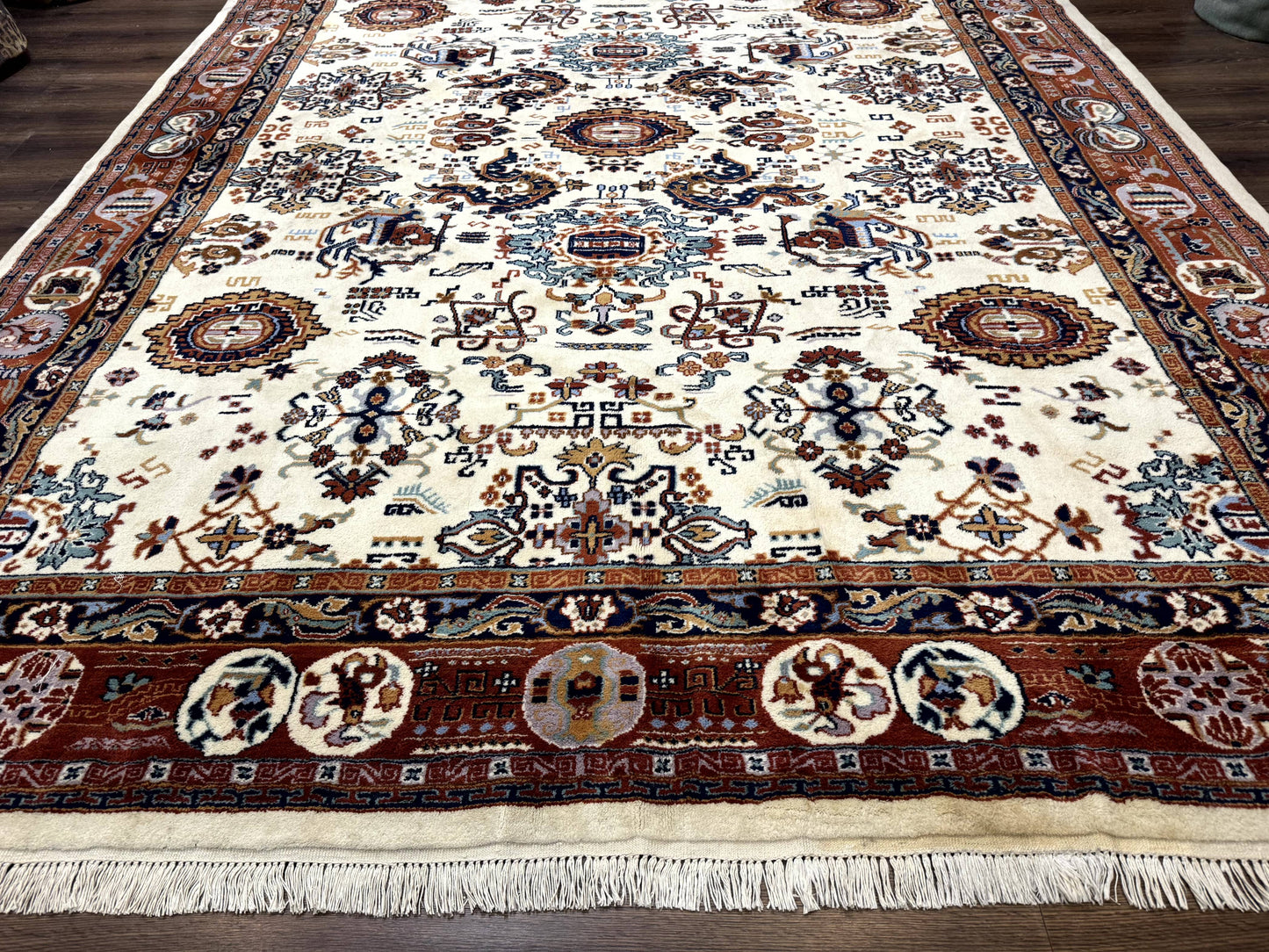 Indo Chinese Wool Rug 9x12, Ivory and Rust Red, Dragon Motifs - Nuvé