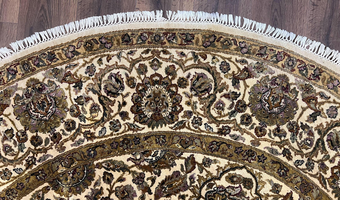 Round Indo Persian Rug 8x8 ft, Large Hand Knotted Vintage Wool Circular Carpet, 8ft Round Oriental Rug, Floral Medallion, Cream and Green - Nuvé