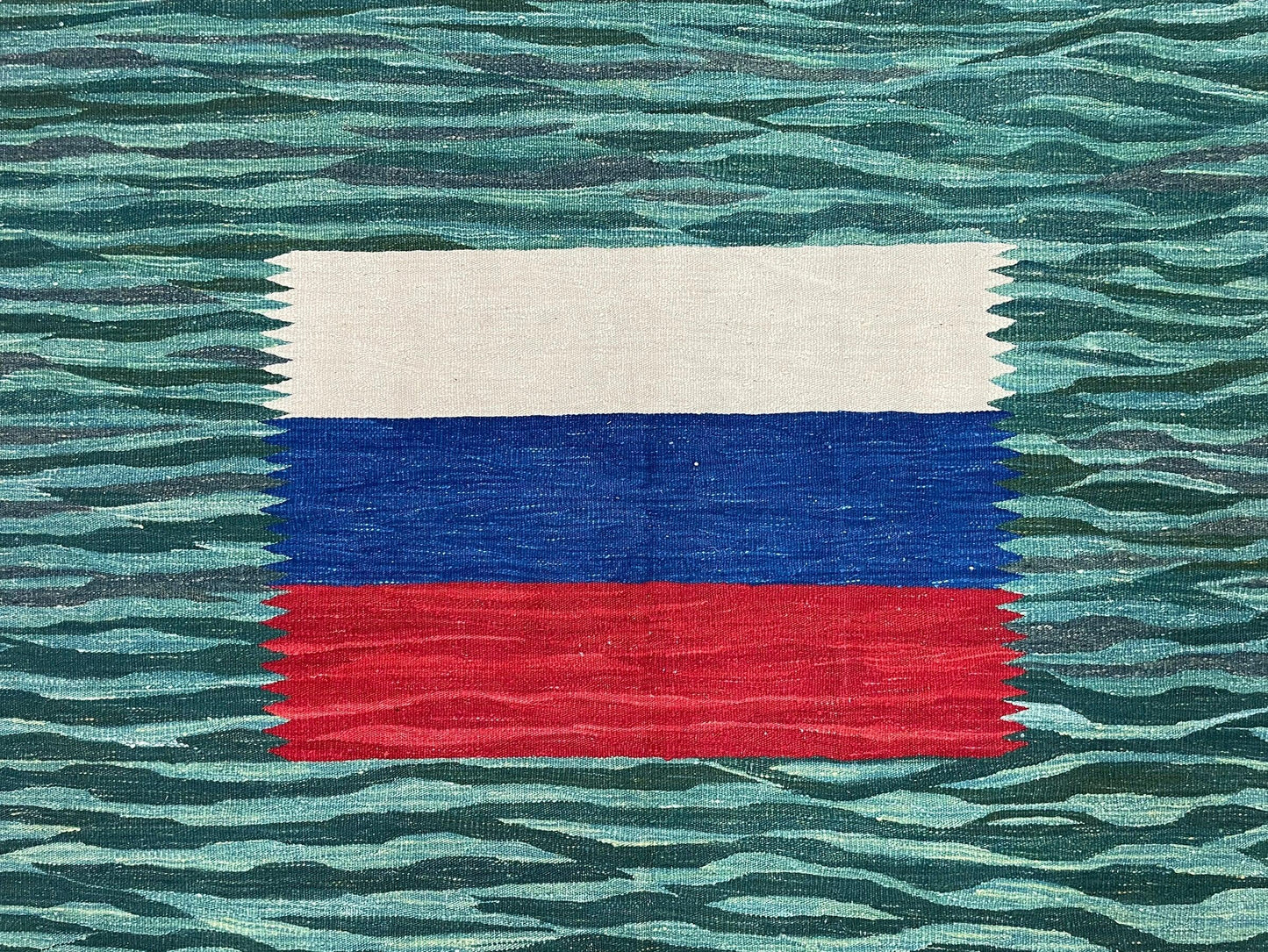 Sea Green Kilim Area Rug, White Blue Red Stripes, Russian Flag Rug, Flatweave Hand Knotted Carpet, Turkish Carpet, Wool, New, 5' 6" x 7' 10" - Nuvé