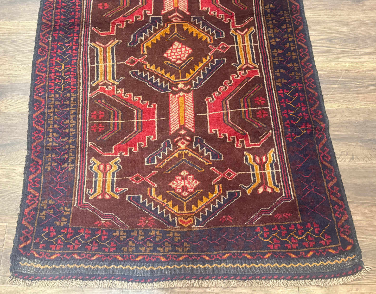 Afghan Rug 3x7, Maroon and Navy Blue, Balouch Carpet, Tribal Rug, New - Nuvé