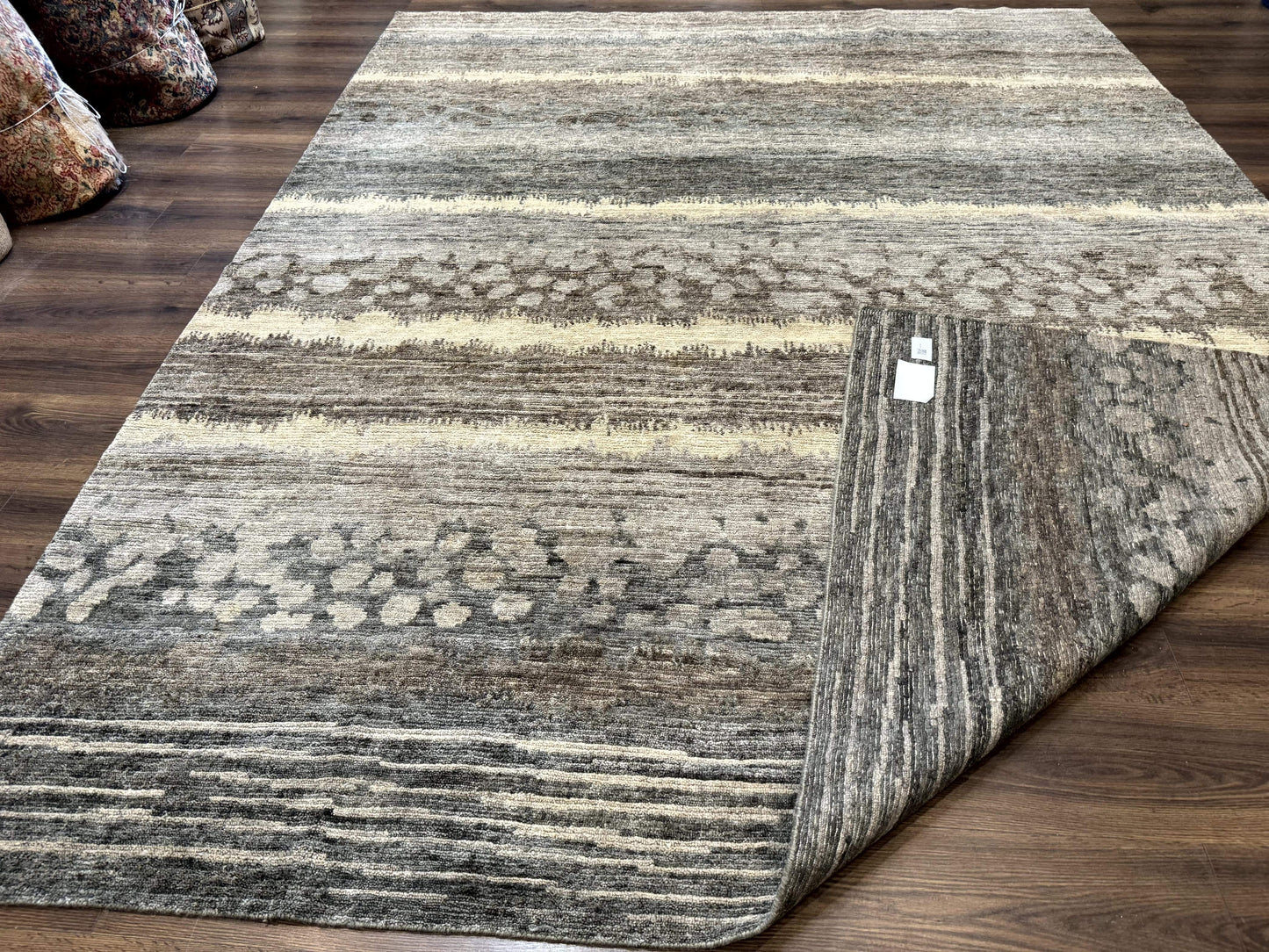Modern Tibetan Wool Rug 8x10, Abstract, Contemporary, Handmade, Gray, Stripes - Nuvé