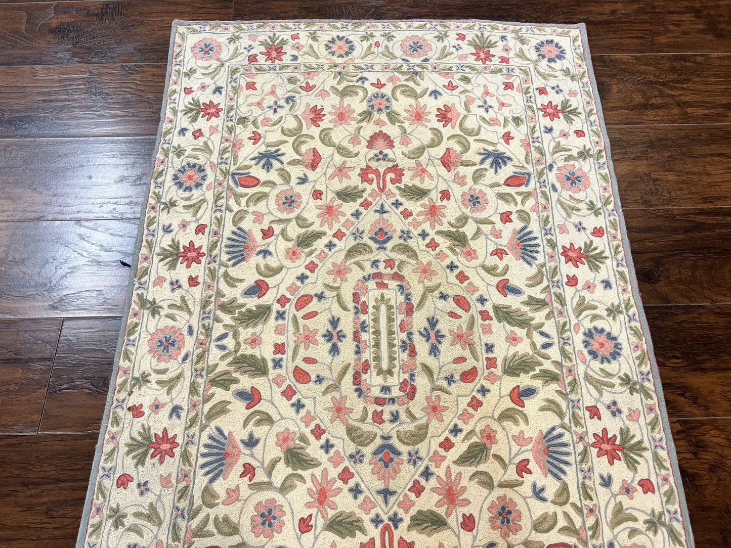 Hand Stitched Indian Rug 4x5, Floral, Vintage Hand Embroidered Rug - Nuvé