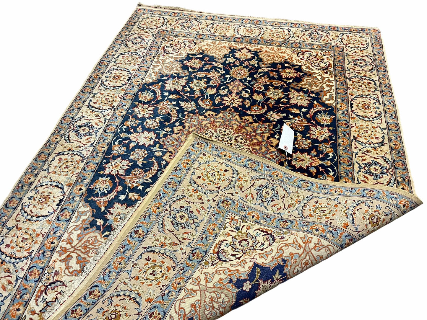 Persian Isfahan Rug 4x5, Navy Blue & Ivory, Wool and Silk Highlights - Nuvé